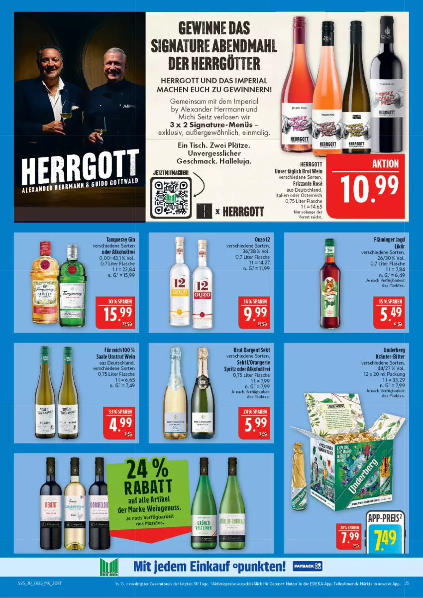Aktueller Prospekt Marktkauf - Prospekt - von 21.09 bis 27.09.2025 - strona 25 - produkty: alexa, alkohol, brot, brut, brut dargent, flasche, frizzante, gin, grüner veltliner, kräuter, likör, mac, natur, orange, ouzo, Ria, sac, sekt, Tanqueray, Ti, tisch, underberg, wein