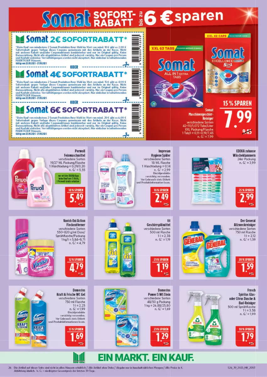 Aktueller Prospekt Marktkauf - Prospekt - von 21.09 bis 27.09.2025 - strona 26 - produkty: allzweckreiniger, Bad, Bad-Reiniger, bio, biozidprodukte, Cars, citrus, coupon, coupons, deka, domestos, dusche, eis, elle, erde, feinwaschmittel, flasche, fleckentferner, Frosch, geschirr, geschirrspülmittel, gin, Klammern, kraft, lamm, oxi action, perwoll, Rauch, reiniger, reis, resa, rwe, sofortrabatt, somat, spiritus, sprühflasche, spülmittel, Ti, waschmittel, weck, ZTE