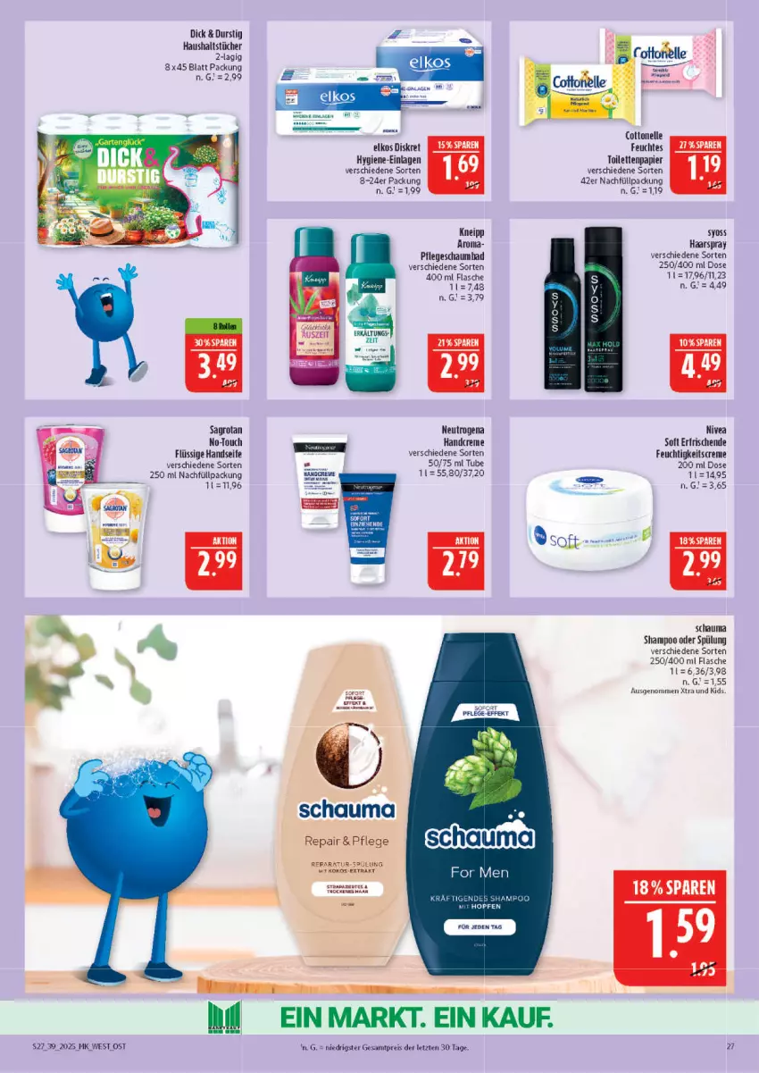 Aktueller Prospekt Marktkauf - Prospekt - von 21.09 bis 27.09.2025 - strona 27 - produkty: Bad, cottonelle, creme, eier, eis, elkos, elle, feuchtigkeitscreme, flasche, haarspray, handcreme, Handseife, haushaltstücher, kneipp, kraft, neutrogena, nivea, papier, reis, rel, sagrotan, schauma, schauma shampoo, schaumbad, Seife, shampoo, shampoo oder spülung, spülung, syoss, Ti, toilettenpapier, tücher, Yo, ZTE
