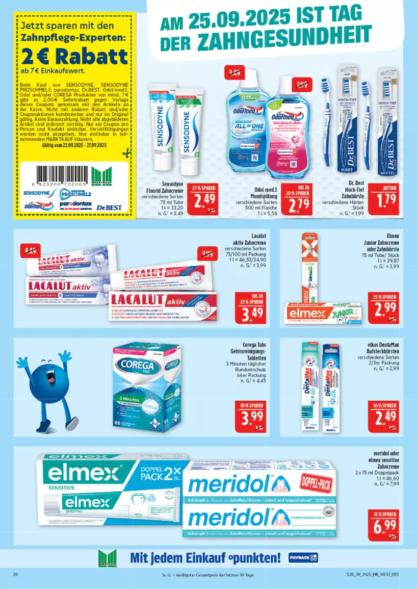 Aktueller Prospekt Marktkauf - Prospekt - von 21.09 bis 27.09.2025 - strona 28 - produkty: bürste, creme, Dr. Best, eier, eis, elkos, elle, elmex, flasche, fleisch, Gesundheit, LG, mac, meridol, mundspülung, Reinigung, reis, sensodyne, spülung, tablet, tablett, Tablette, Ti, zahnbürste, zahncreme, ZTE