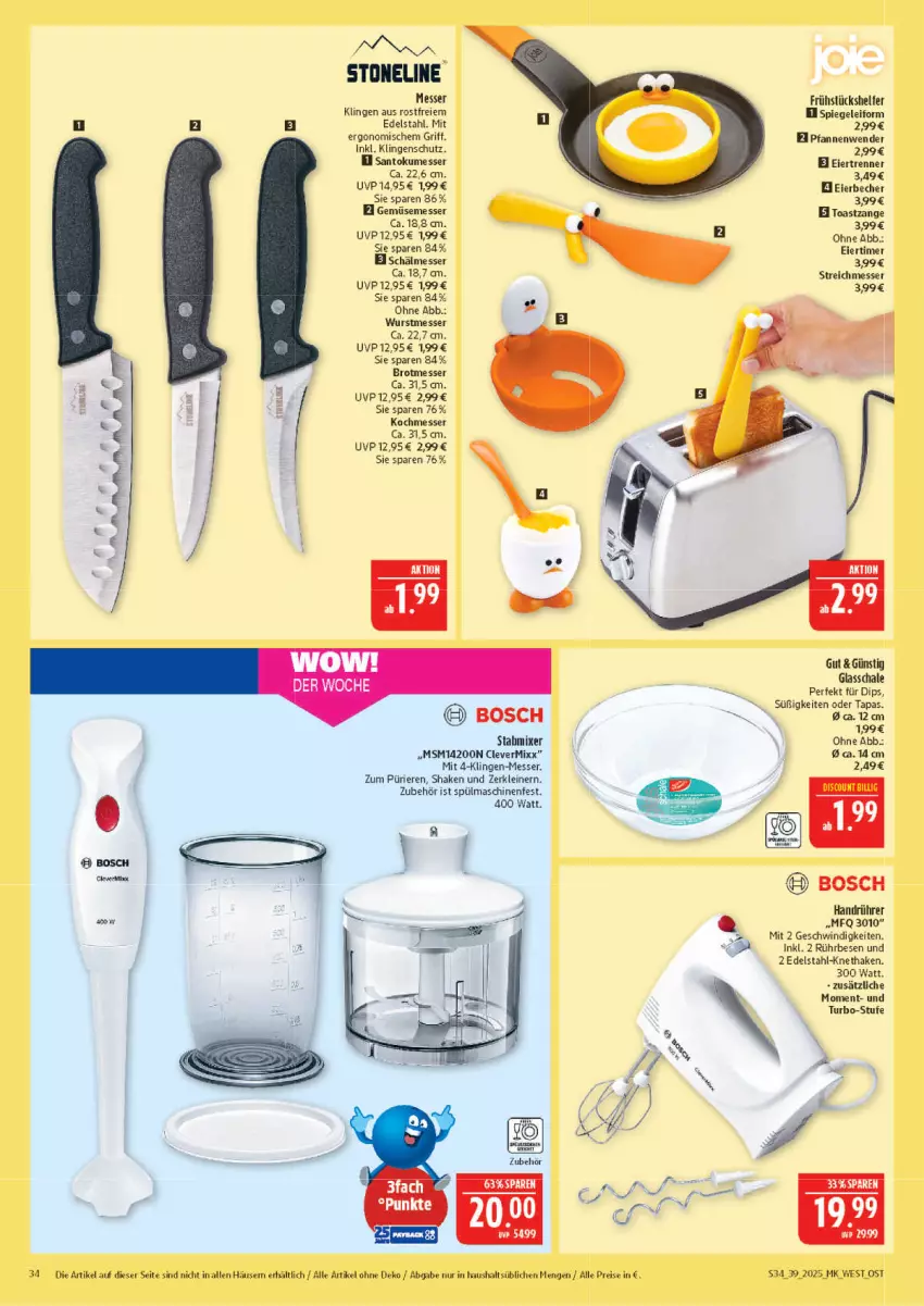 Aktueller Prospekt Marktkauf - Prospekt - von 21.09 bis 27.09.2025 - strona 34 - produkty: Bau, Becher, bosch, brot, dip, discount, edelstahl, eier, Eierbecher, eis, leine, messer, Mixer, pfanne, pfannen, Pfannenwender, reis, Schal, Schale, shake, spiegel, spülmaschinen, stabmixer, Tapas, Ti, timer, toast, wurst