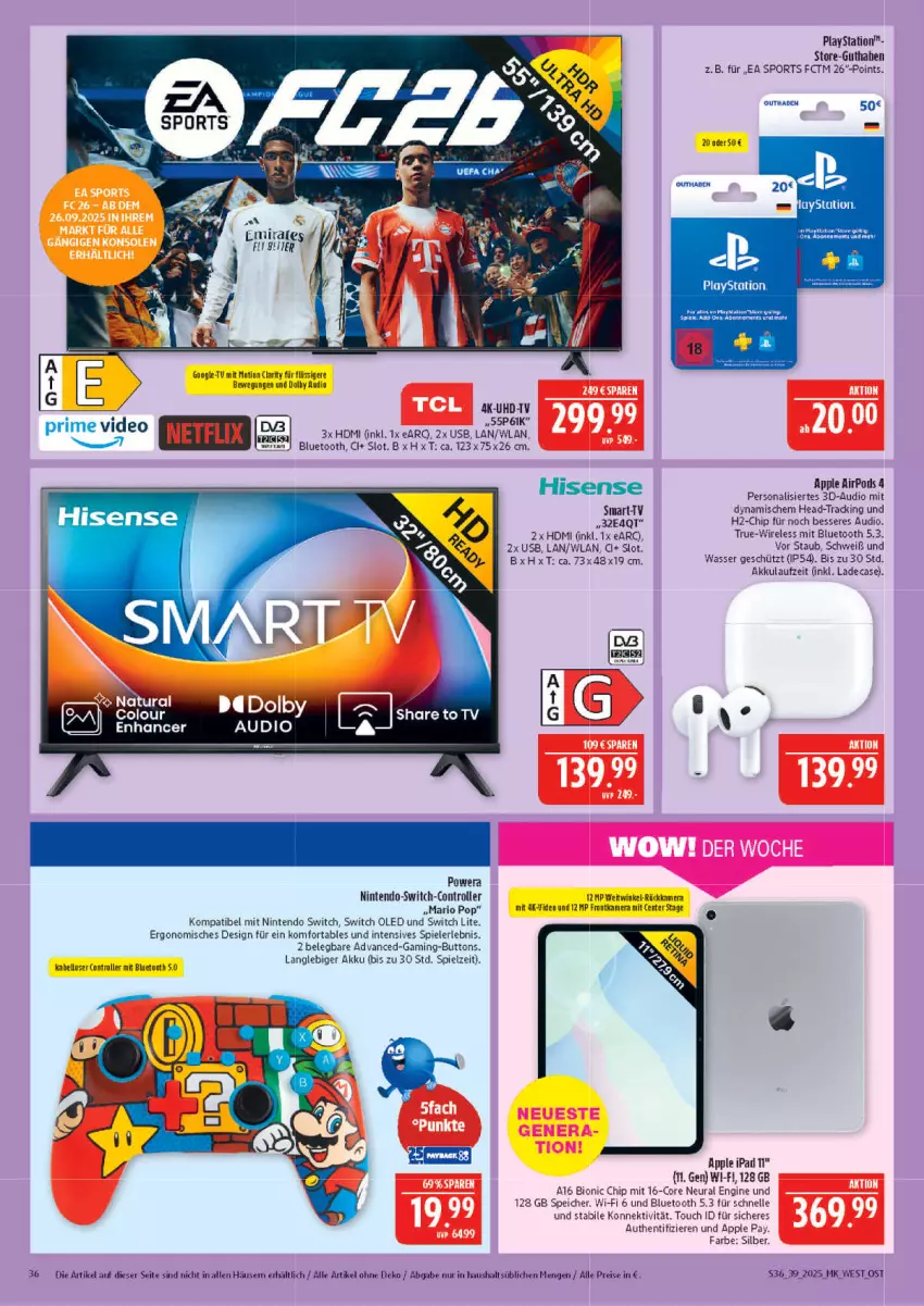 Aktueller Prospekt Marktkauf - Prospekt - von 21.09 bis 27.09.2025 - strona 36 - produkty: akku, Apple, Apple AirPods, bett, bio, deo, eis, ente, frontkamera, gin, HDMI, hisense, ipad, kamera, lays, netflix, nintendo, Nintendo Switch, Persona, PlayStation, Pods, reis, rel, Roller, Spiele, Sport, Ti, uhd, UHD-TV, usb, wasser