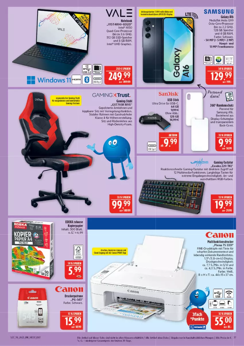 Aktueller Prospekt Marktkauf - Prospekt - von 21.09 bis 27.09.2025 - strona 37 - produkty: armlehnen, canon, deka, drucker, eis, elle, ente, frontkamera, HD Graphics, Intel, kamera, kopierpapier, multifunktionsdrucker, papier, quad, quad-core-prozessor, reis, riegel, rückenlehne, Samsung, sandisk, Schal, ssd, SSD-Speicher, stuhl, Tastatur, Ti, uhd, usb, ZTE