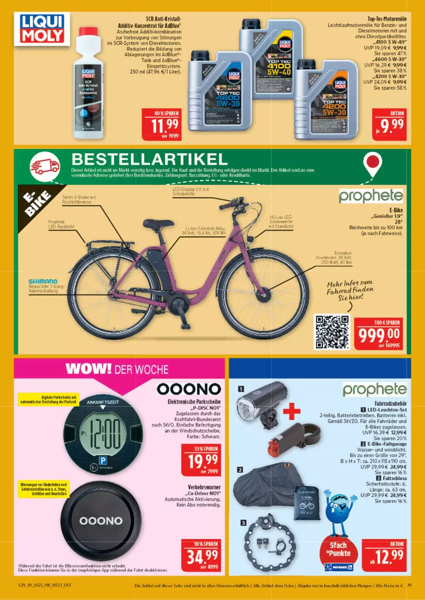 Aktueller Prospekt Marktkauf - Prospekt - von 21.09 bis 27.09.2025 - strona 39 - produkty: adblue, aust, auto, batterie, batterien, Bau, Diesel, E-Bike, E-Bikes, eis, Elektro, elle, Fahrrad, Faltschloss, kraft, LED-Leuchte, Leuchte, leuchten, motorenöl, reis, rwe, Ti, tisch, wasser, Windschutz