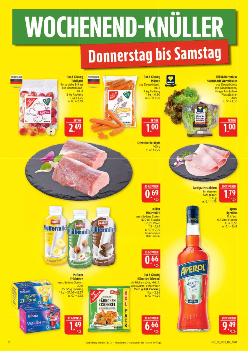 Aktueller Prospekt Marktkauf - Prospekt - von 21.09 bis 27.09.2025 - strona 42 - produkty: aperol, ball, deka, eis, filet, flasche, früchte, Früchtetee, gewürz, henkel, ingwer, milch, möhren, Müller, müllermilch, reis, rel, saft, salat, schenkel, schwein, schweine, schweinefilet, tafeläpfel, tee, Ti, wein, weine, ZTE