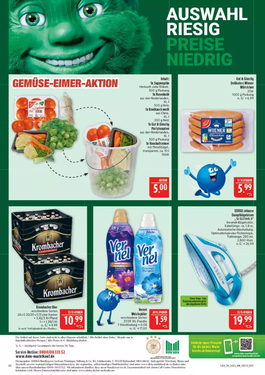 Aktueller Prospekt Marktkauf - Prospekt - von 21.09 bis 27.09.2025 - strona 44 - produkty: Astra, auto, bier, bügel, Bügeleisen, dampfbügeleisen, deka, eimer, eis, ente, flasche, knoblauch, krombache, krombacher, reis, ring, rosen, Rosenkohl, sac, Schal, suppe, suppen, tender, Ti, tisch, tomate, tomaten, vernel, weichspüler, wiener, würstchen, ZTE