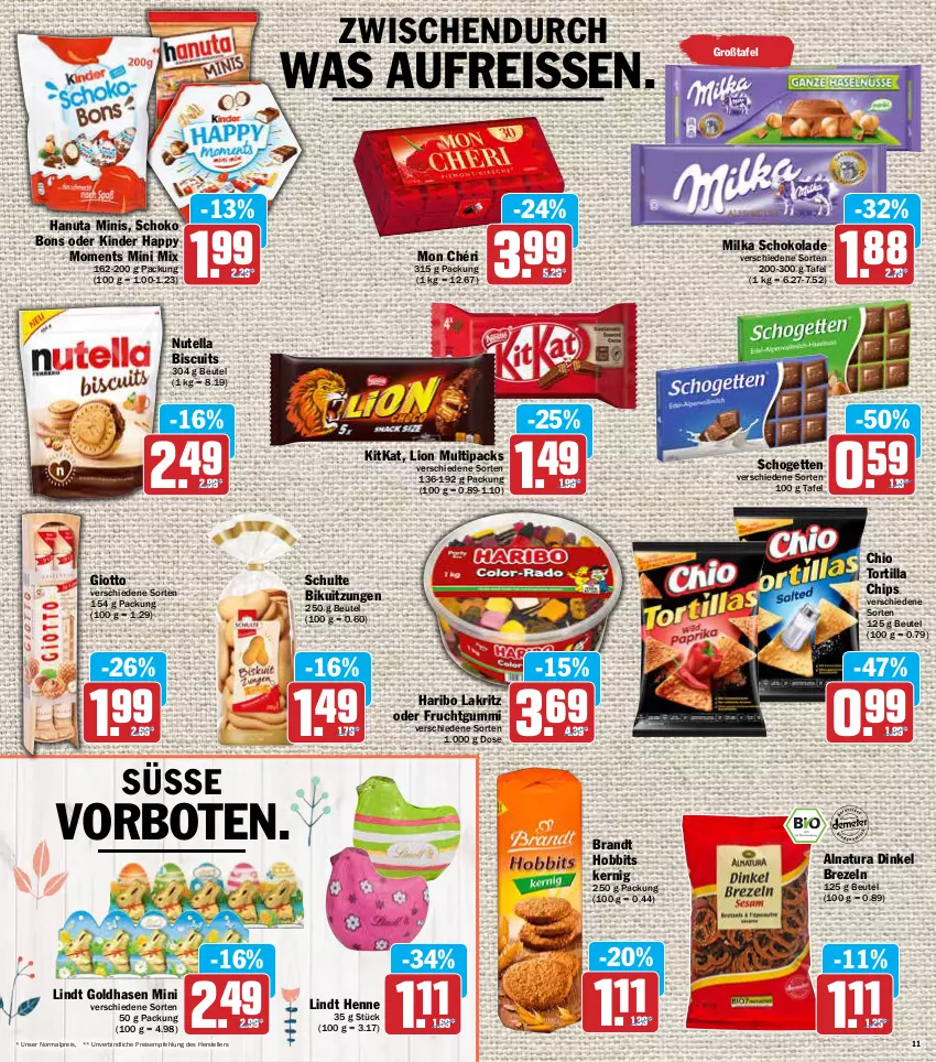 Aktueller Prospekt Aez - Prospekte - von 14.03 bis 19.03.2022 - strona 11 - produkty: beutel, brandt, brezel, Brezeln, chips, eis, elle, frucht, fruchtgummi, giotto, hanuta, haribo, Kinder, kitkat, Lakritz, lindt, lion, milka, milka schokolade, Mon Chéri, natur, natura, nutella, reis, reiss, schogetten, schoko, schokolade, teller, Ti, tortilla, Tortilla Chips