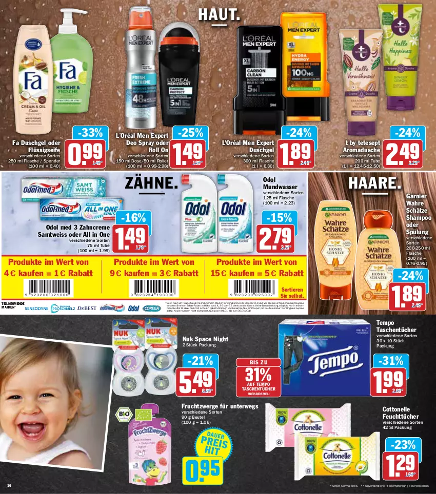 Aktueller Prospekt Aez - Prospekte - von 14.03 bis 19.03.2022 - strona 16 - produkty: AEZ, beutel, cottonelle, coupon, coupons, creme, deo, deo spray, dusche, duschgel, eis, elle, erde, fa duschgel, feuchttücher, flasche, flüssigseife, frucht, fruchtzwerge, garnier, gin, L´Oréal, mundwasser, nuk, Odol, odol med, reis, Roller, rwe, Seife, shampoo, shampoo oder spülung, sofort-rabatt, spülung, Tasche, taschen, taschentücher, teller, Tempo, tender, Ti, Tiere, tücher, Wahre Schätze, wasser, zahncreme