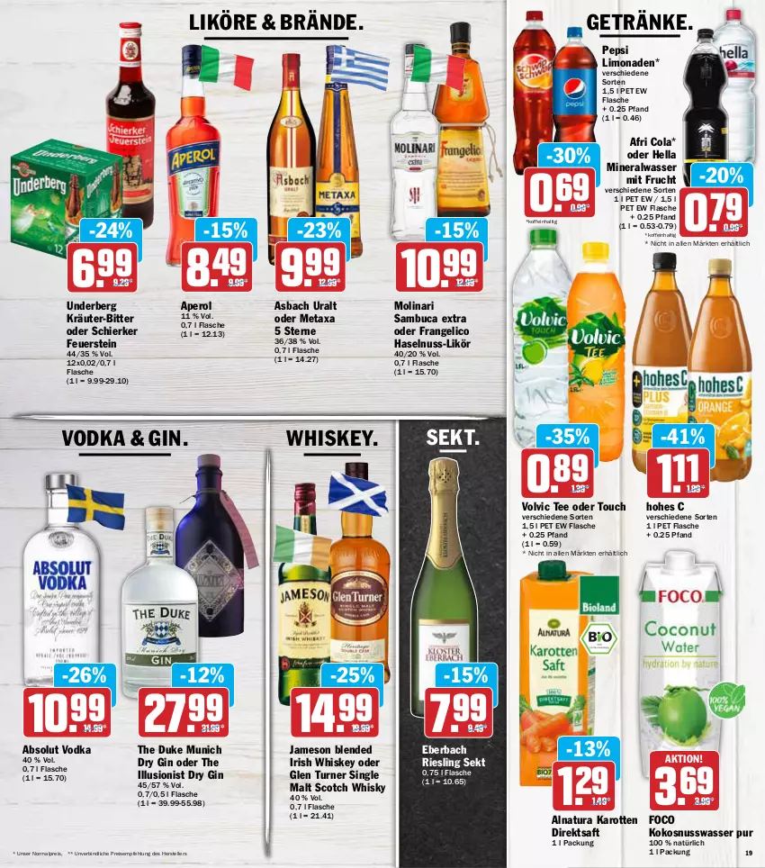 Aktueller Prospekt Aez - Prospekte - von 14.03 bis 19.03.2022 - strona 19 - produkty: Absolut Vodka, Afri Cola, Alwa, aperol, asbach uralt, cola, direktsaft, dry gin, eis, elle, flasche, frangelico, frucht, getränk, getränke, gin, haselnuss, hella, Hohes C, irish whiskey, jameson, karotten, kokos, kokosnuss, kräuter, likör, limo, limonade, limonaden, Metaxa, mineralwasser, mit frucht, Molinari, natur, natura, nuss, pepsi, reis, riesling, saft, sambuca, scotch, scotch whisky, sekt, single malt, tee, teller, Ti, underberg, vodka, volvic, wasser, whiskey, whisky