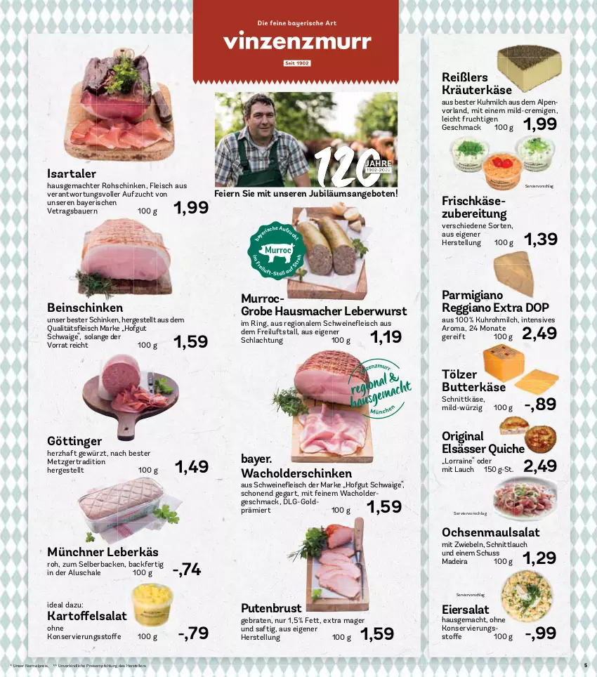 Aktueller Prospekt Aez - Prospekte - von 14.03 bis 19.03.2022 - strona 5 - produkty: angebot, angebote, auer, Bau, Bauer, braten, butter, butterkäse, eier, eiersalat, eis, elle, fleisch, frischkäse, frischkäsezubereitung, frucht, gewürz, gin, Hausmacher, hofgut, Jubiläums, jubiläumsangebot, Käse, kräuter, leberkäs, leberwurst, LG, mac, milch, mit zwiebeln, parmigiano, parmigiano reggiano, pute, putenbrust, Quiche, reggiano, reis, ring, rohschinken, saft, salat, Schal, Schale, schinken, schnittkäse, schnittlauch, schwein, schweine, teller, Ti, uhr, wein, weine, wurst, zwiebel, zwiebeln