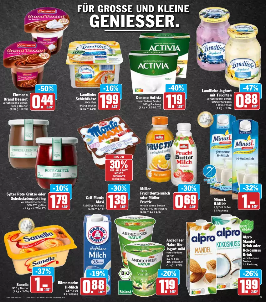 Aktueller Prospekt Aez - Prospekte - von 14.03 bis 19.03.2022 - strona 9 - produkty: activia, alpro, andechser natur, bärenmarke, Becher, bio, butter, buttermilch, danone, danone activia, dessert, drink, ehrmann, Ehrmann Grand Dessert, eis, elle, flasche, frucht, früchte, früchten, grütze, joghur, joghurt, jogurt, Käse, kokos, kokosnuss, landliebe, landliebe joghurt, leine, mandel, milch, monte, Müller, natur, nuss, pudding, reis, Rote Grütze, schoko, schokolade, schokoladen, Sylter, teller, tender, Ti, zott, Zott Monte