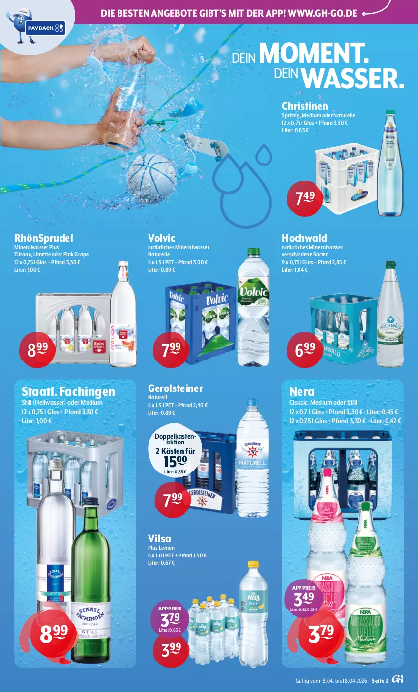 Aktueller Prospekt Getraenke Hoffmann - Prospekte - von 13.04 bis 18.04.2026 - strona 2 - produkty: Alwa, angebot, angebote, eis, elle, gerolsteine, gerolsteiner, hochwald, limette, Mett, mineralwasser, natur, natürliches mineralwasser, reis, rel, RhönSprudel, Sprudel, Staatl. Fachingen, steiner, Ti, vilsa, volvic, volvic natürliches, wasser, zitrone