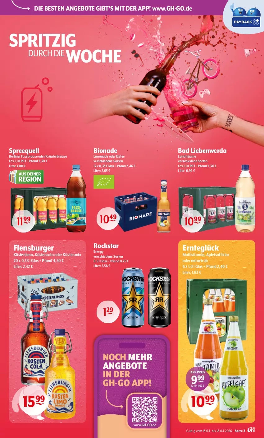 Aktueller Prospekt Getraenke Hoffmann - Prospekte - von 13.04 bis 18.04.2026 - strona 3 - produkty: angebot, angebote, apfel, apfelsaft, Bad, Bad Liebenwerda, berliner, bio, bionade, brause, burger, cola, eis, eistee, fassbrause, flensburger, kräuter, limo, limonade, natur, oder kräuter, reis, Rockstar, saft, Spreequell, tee, Ti, vita