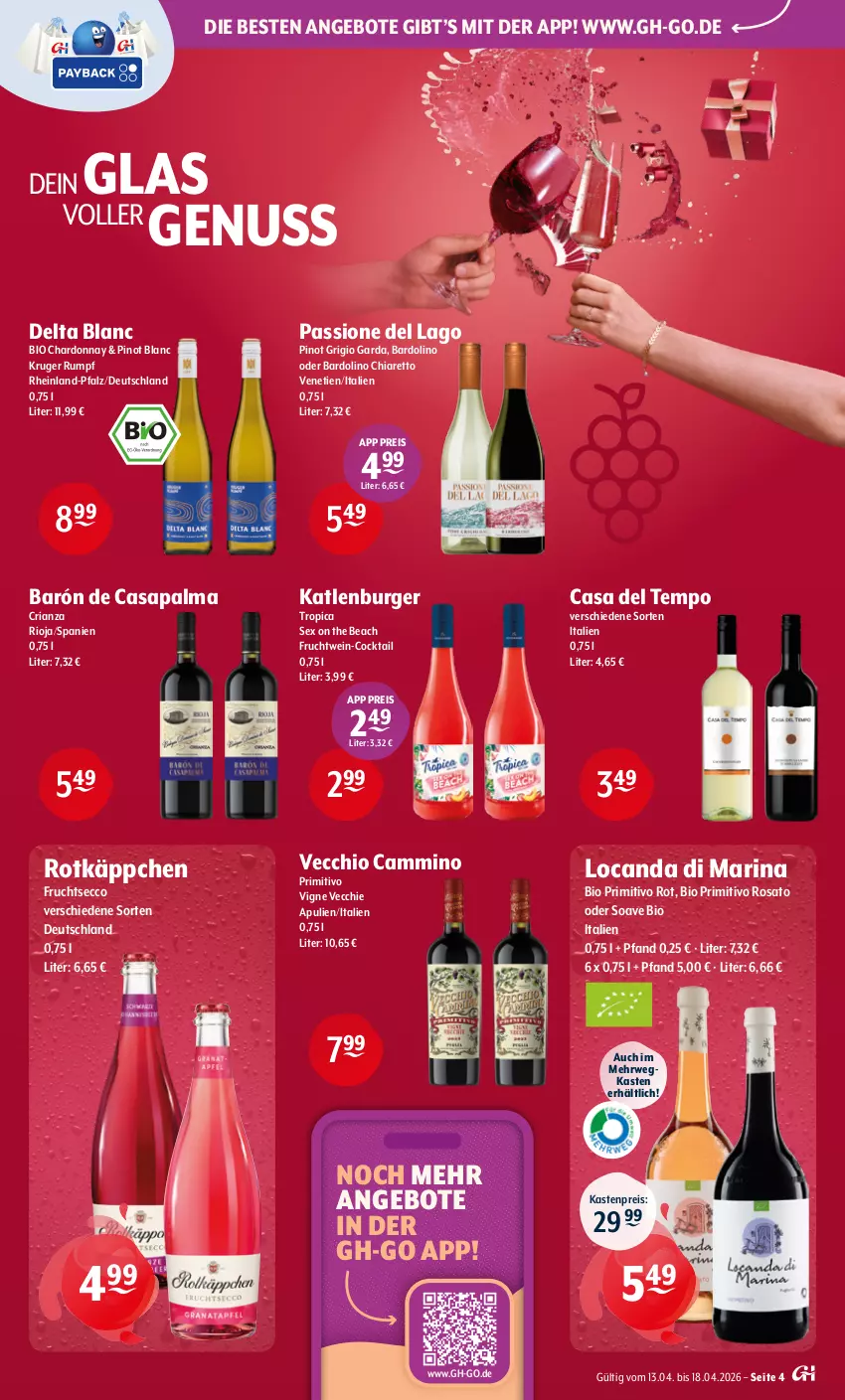 Aktueller Prospekt Getraenke Hoffmann - Prospekte - von 13.04 bis 18.04.2026 - strona 4 - produkty: angebot, angebote, bio, burger, chardonnay, chia, cocktail, ecco, eis, frucht, fruchtsecco, katlenburger, nuss, Pinot, pinot grigio, primitivo, reis, Ria, rioja, rosato, rotkäppchen, rum, rwe, Tempo, Ti, wein