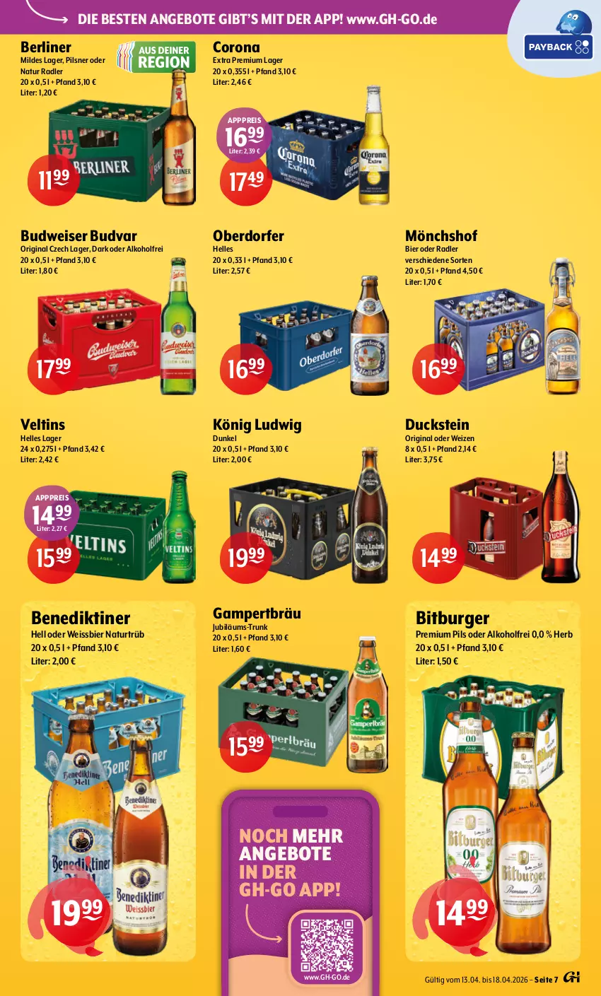 Aktueller Prospekt Getraenke Hoffmann - Prospekte - von 13.04 bis 18.04.2026 - strona 7 - produkty: alkohol, angebot, angebote, Benediktiner, berliner, bier, bitburger, budweiser, burger, corona, corona extra, Duck, eis, elle, gin, Jubiläums, mönchshof, natur, natur radler, oder radler, pils, pilsner, premium pils, radler, reis, Ti, veltins, weissbier