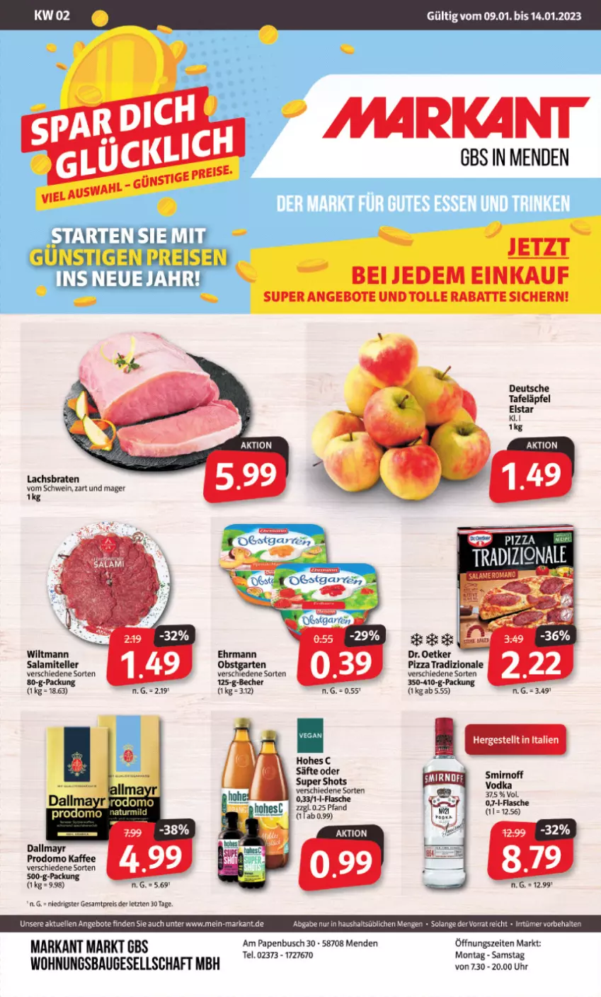 Aktueller Prospekt Markant - Prospekte - von 09.01 bis 14.01.2023 - strona 1 - produkty: angebot, angebote, Bau, Becher, braten, Dr. Oetker, ehrmann, eis, elle, flasche, kaffee, lachs, Lachsbraten, pizza, pizza tradizionale, prodomo, reis, säfte, salami, schwein, smirnoff, tafeläpfel, teller, Ti, tradizionale, uhr, vodka, wein, wiltmann, ZTE