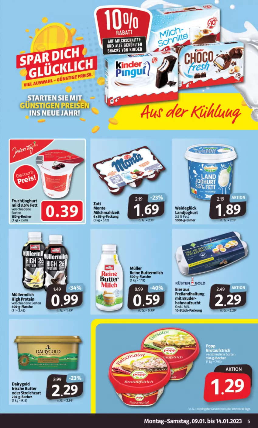 Aktueller Prospekt Markant - Prospekte - von 09.01 bis 14.01.2023 - strona 5 - produkty: Becher, butter, buttermilch, Dairygold, eier, eis, flasche, frucht, fruchtjoghurt, irische butter, joghur, joghurt, joghurt mild, Kinder, landjoghurt, milch, monte, Müller, müllermilch, reine buttermilch, reis, snack, snacks, Streichzart, tee, Ti, zott