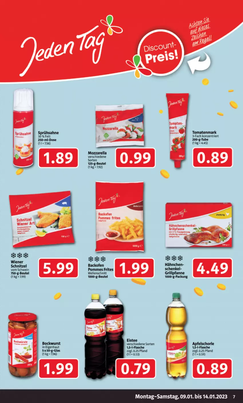 Aktueller Prospekt Markant - Prospekte - von 09.01 bis 14.01.2023 - strona 7 - produkty: apfel, Apfelschorle, beutel, bockwurst, eis, eistee, elle, flasche, mozzarella, rel, sahne, schnitzel, schorle, schwein, tee, tomate, tomaten, tomatenmark, wein, wiener, wurst