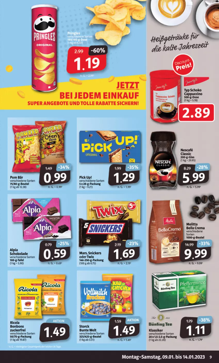 Aktueller Prospekt Markant - Prospekte - von 09.01 bis 14.01.2023 - strona 9 - produkty: alpia, bella crema, beutel, bünting tee, cin, mars, melitta, nescafe, oder twix, Pick Up!, schoko, schokolade, snickers, tee, Ti, twix