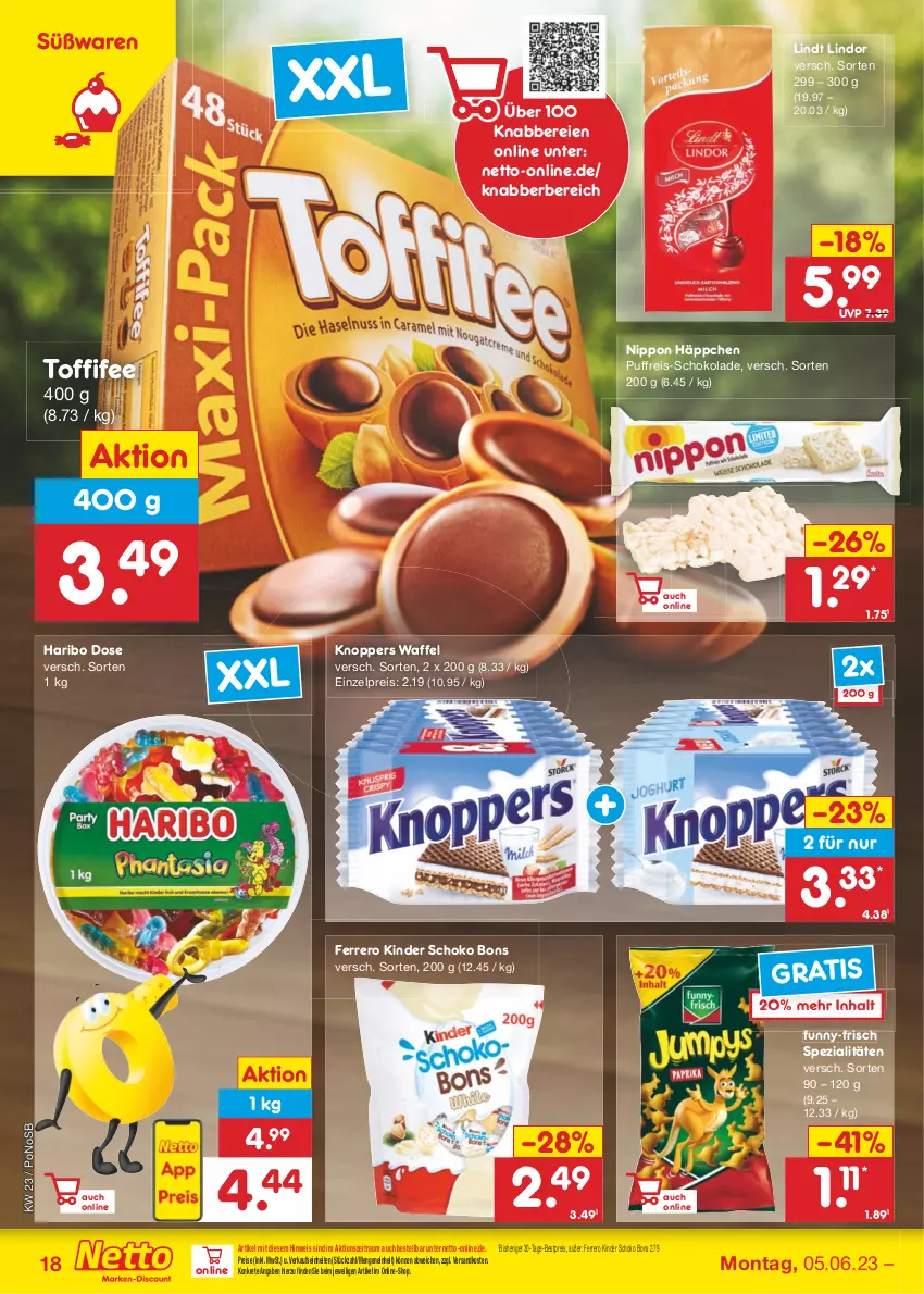 Aktueller Prospekt Netto Marken-Discount - Filial-Angebote - von 05.06 bis 10.06.2023 - strona 18 - produkty: bestpreis, eis, ferrero, funny-frisch, haribo, Kinder, knoppers, lindor, lindt, ndk, nippon, reis, schoko, schokolade, Spezi, Ti, toffifee