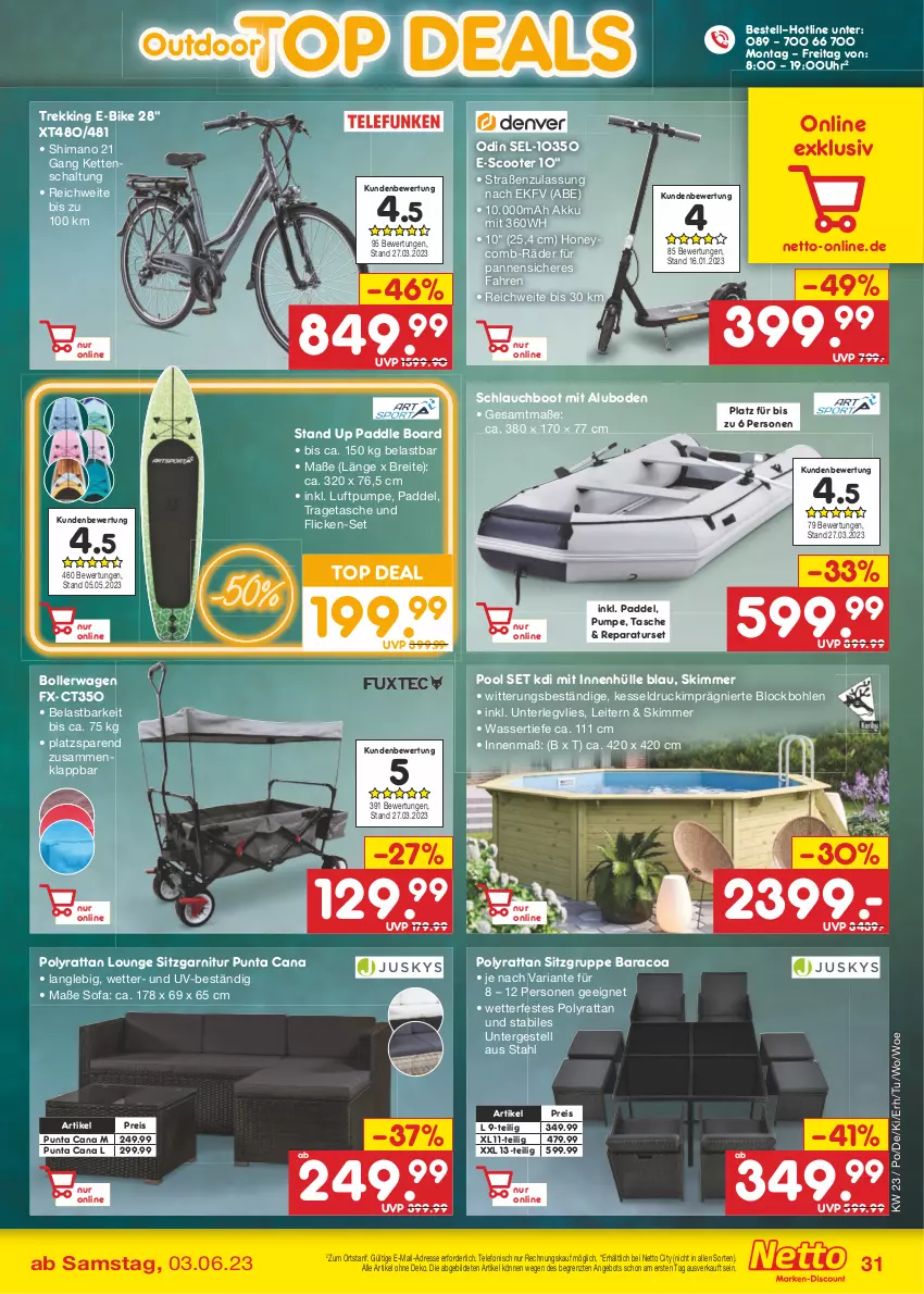 Aktueller Prospekt Netto Marken-Discount - Filial-Angebote - von 05.06 bis 10.06.2023 - strona 31 - produkty: akku, angebot, bollerwagen, Brei, E-Bike, eis, garnitur, Kette, pool, reis, Ria, Schal, schlauch, scooter, shimano, Sofa, Tasche, telefon, Ti, tragetasche, uhr, wasser, ZTE