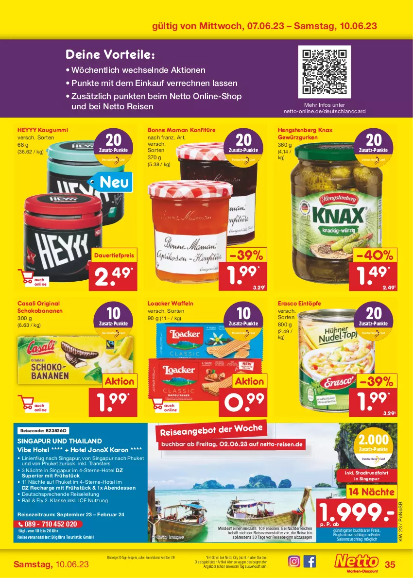 Aktueller Prospekt Netto Marken-Discount - Filial-Angebote - von 05.06 bis 10.06.2023 - strona 35 - produkty: angebot, auer, banane, bananen, bestpreis, bonne maman, buch, Casali, dauertiefpreis, deutschlandcard, eintöpfe, eis, erasco, gewürz, Gewürzgurke, gewürzgurken, gin, gurke, gurken, hengstenberg, kaugummi, konfitüre, mam, reis, reiseveranstalter, schoko, Schokobananen, Ti, tiefpreis, uhr, waffeln, ZTE