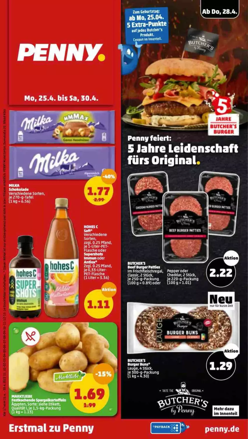 Aktueller Prospekt Penny - Prospekte - von 25.04 bis 30.04.2022 - strona 1 - produkty: beef, burger, butcher's, eier, eis, ente, flasche, fleisch, Hohes C, milka, milka schokolade, regal, ritter, schoko, schokolade, Ti