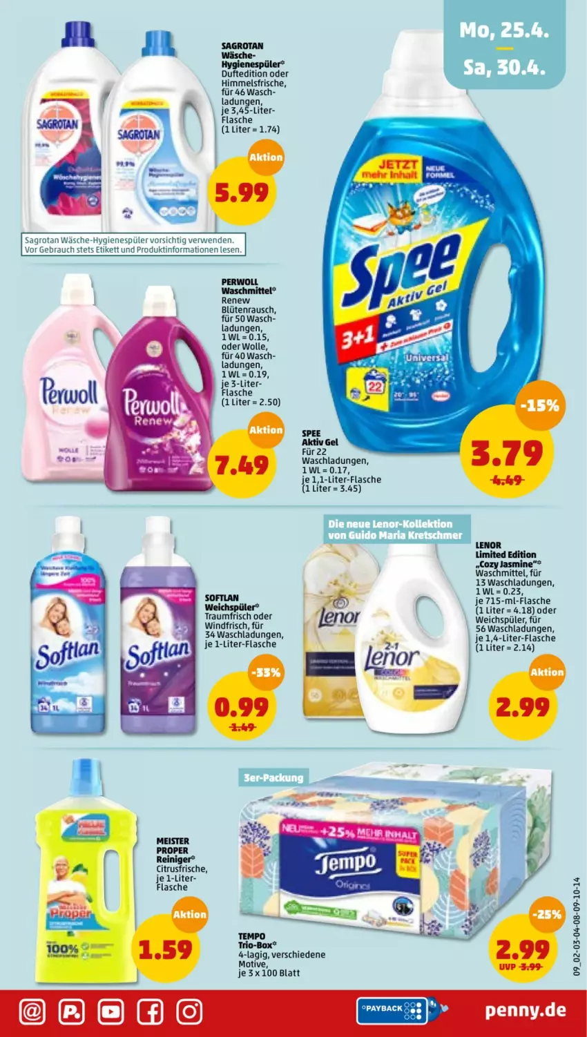 Aktueller Prospekt Penny - Prospekte - von 25.04 bis 30.04.2022 - strona 11 - produkty: aktiv gel, Blüte, citrus, eis, flasche, hygienespüler, je 1-liter-flasche, lenor, Meister, perwoll, Rauch, rwe, sagrotan, Softlan, spee, Tempo, Ti, waschmittel, weichspüler, wolle