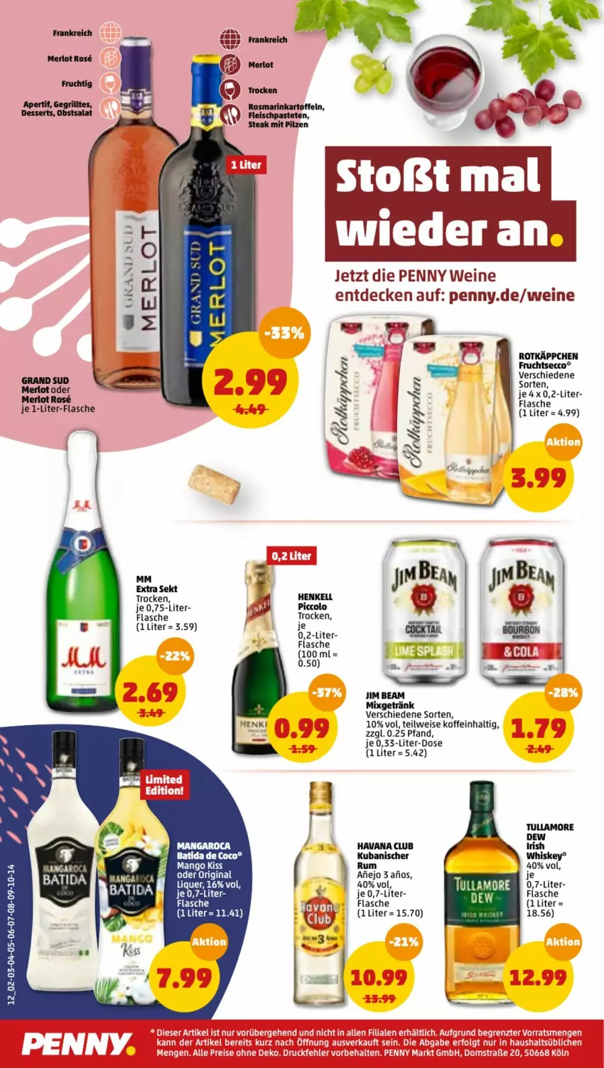 Aktueller Prospekt Penny - Prospekte - von 25.04 bis 30.04.2022 - strona 14 - produkty: batida, decke, dessert, desserts, ecco, eis, flasche, fleisch, frucht, fruchtsecco, gin, grand sud, grill, Havana Club, HP, irish whiskey, je 1-liter-flasche, jim beam, kartoffel, kartoffeln, mango, merl, merlot, mm extra, obst, pastete, pilze, reis, rosmarin, rotkäppchen, rum, salat, sekt, steak, Ti, tullamore, tullamore dew, wein, weine, whiskey