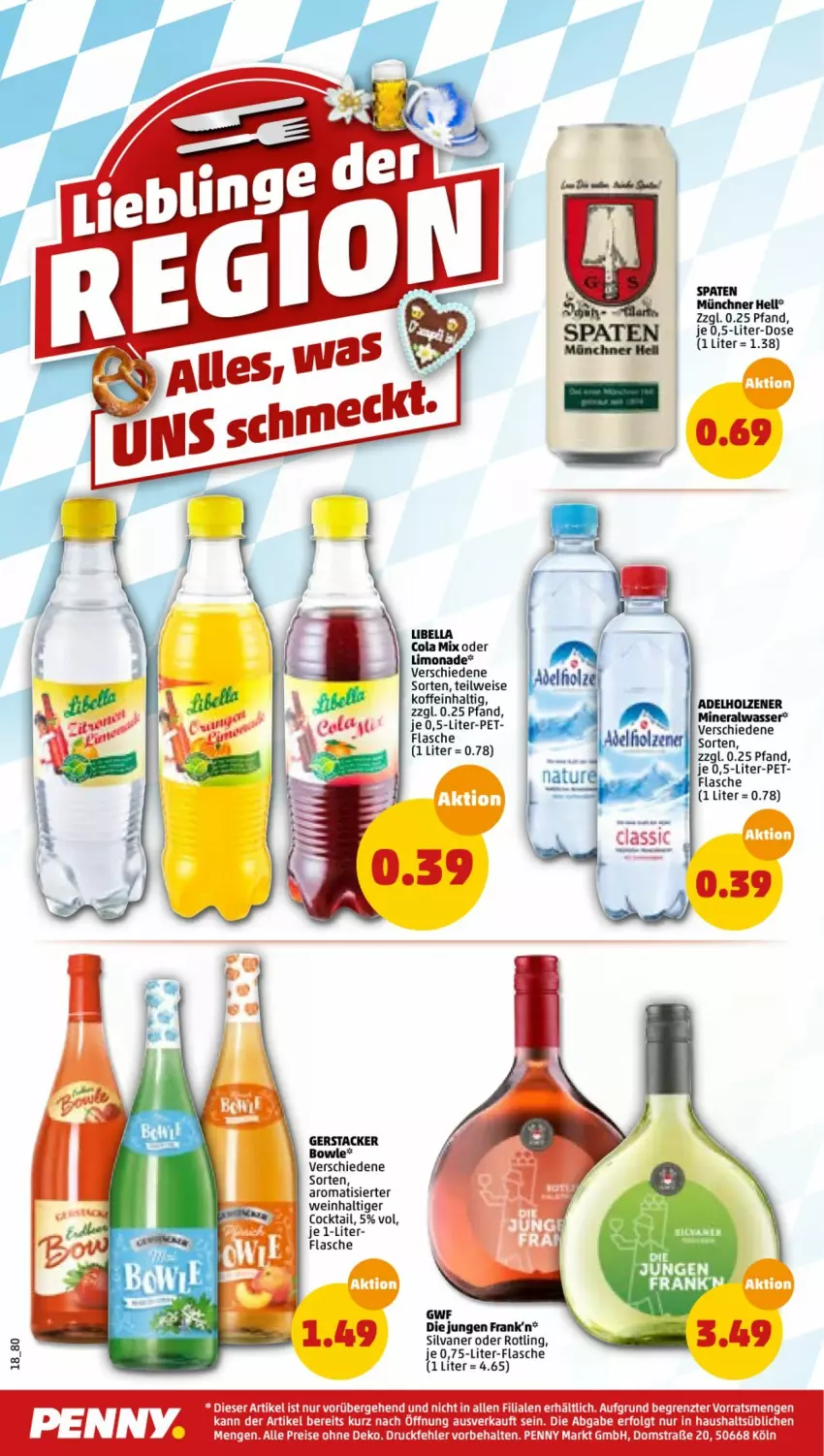 Aktueller Prospekt Penny - Prospekte - von 25.04 bis 30.04.2022 - strona 20 - produkty: adelholzener, Alwa, bowle, cocktail, cola, eis, flasche, Holz, LG, limo, limonade, mineralwasser, reis, silvaner, Spaten, Ti, wasser, wein, ZTE