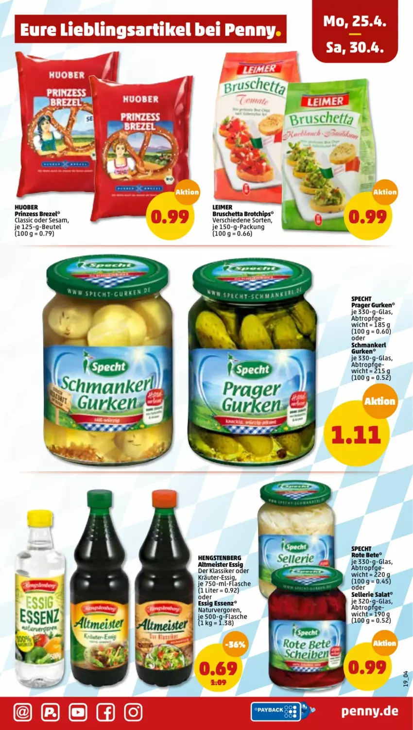 Aktueller Prospekt Penny - Prospekte - von 25.04 bis 30.04.2022 - strona 21 - produkty: beutel, brezel, brot, chips, eimer, elle, essig, flasche, gurke, gurken, huober, kräuter, leimer, natur, saft, salat, sesam, specht, Ti