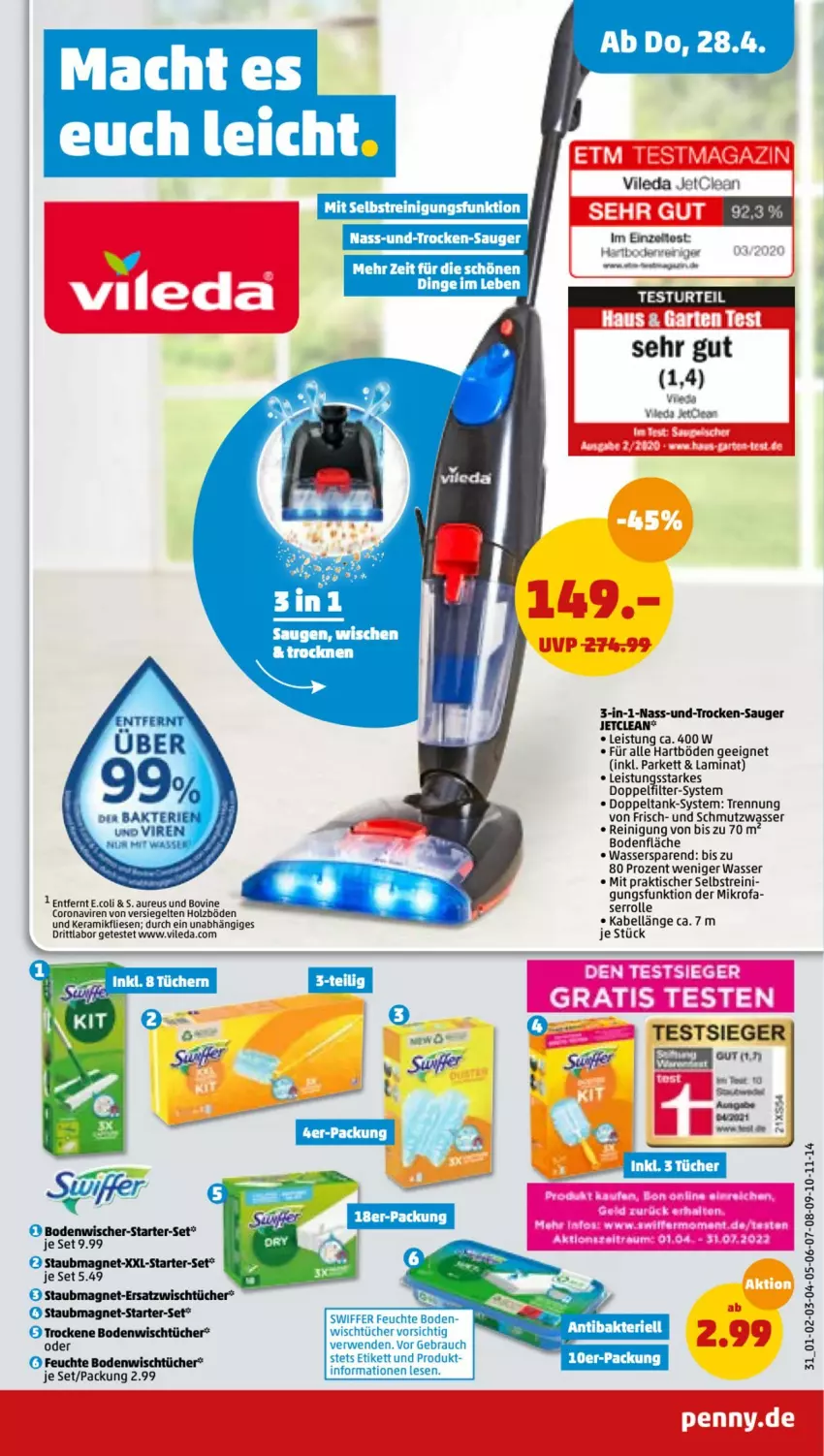 Aktueller Prospekt Penny - Prospekte - von 25.04 bis 30.04.2022 - strona 31 - produkty: bodenwischer, butter, corona, eis, Holz, laminat, Rauch, Reinigung, rwe, staubmagnet, swiffer, Ti, tisch, tücher, vileda, wasser