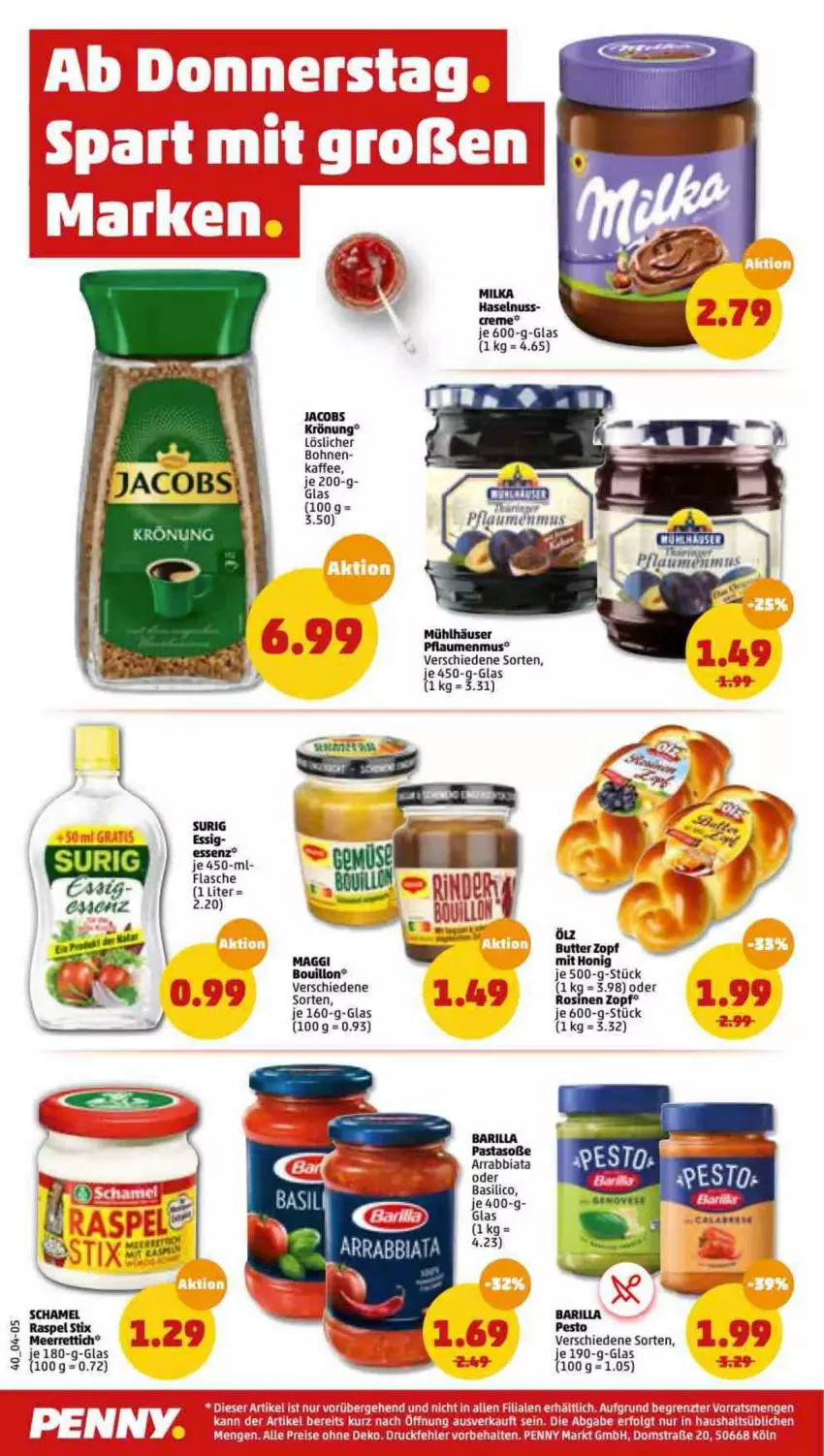 Aktueller Prospekt Penny - Prospekte - von 25.04 bis 30.04.2022 - strona 40 - produkty: arrabbiata, barilla, basilico, bohne, bohnen, butter, eis, flasche, haselnuss, honig, kaffee, LG, maggi, milka, mühlhäuser, nuss, pasta, pflaume, pflaumen, pflaumenmus, reis, Soße, Ti, ZTE