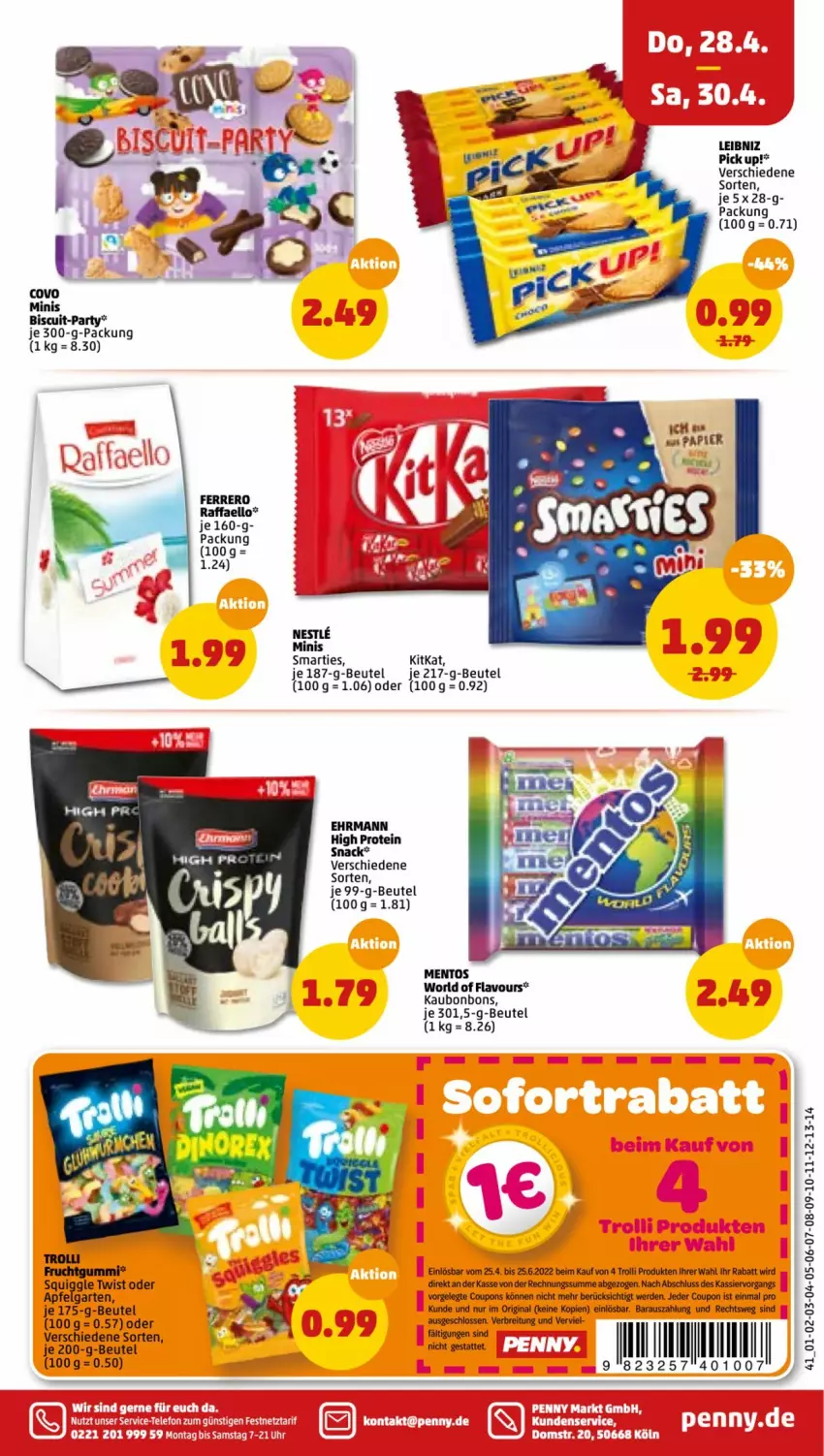 Aktueller Prospekt Penny - Prospekte - von 25.04 bis 30.04.2022 - strona 41 - produkty: apfel, beutel, bonbons, Brei, coupon, coupons, ehrmann, erde, ferrero, frucht, fruchtgummi, Garten, gin, kitkat, leibniz, LG, mentos, Pick Up!, quigg, raffaello, smarties, Ti, trolli, trolli fruchtgummi, Yo