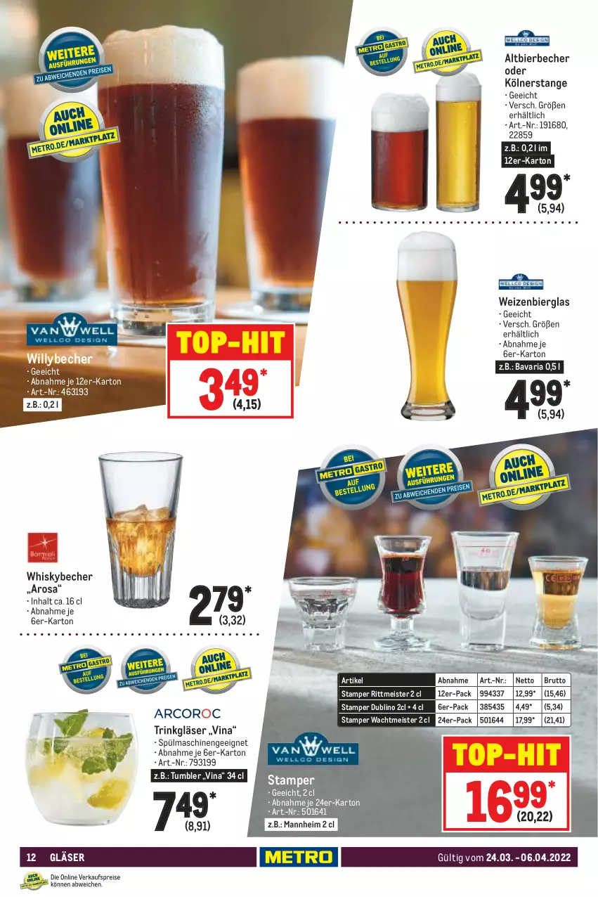 Aktueller Prospekt Metro - Gastronomie Spezial - von 24.03 bis 06.04.2022 - strona 12 - produkty: Becher, bier, brut, eis, Gläser, Meister, reis, Ria, spülmaschinen, Ti, top-hit, whisky, Whiskybecher