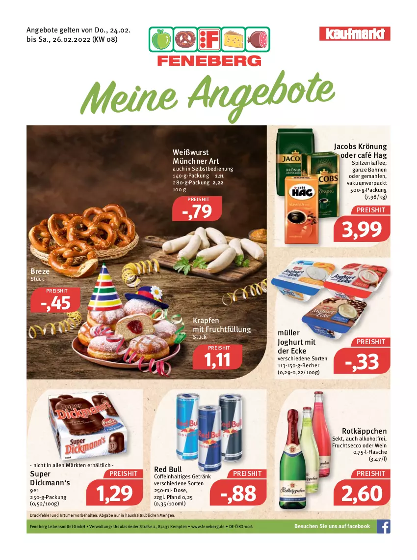 Aktueller Prospekt Feneberg - Prospekte - von 24.02 bis 26.02.2022 - strona 1 - produkty: alkohol, angebot, angebote, Becher, bohne, bohnen, coffein, ecco, eis, flasche, frucht, fruchtsecco, getränk, jacobs, jacobs krönung, joghur, joghurt, joghurt mit der ecke, kaffee, lebensmittel, mit frucht, Müller, red bull, reis, rotkäppchen, sekt, Ti, wein, Weißwurst, wurst