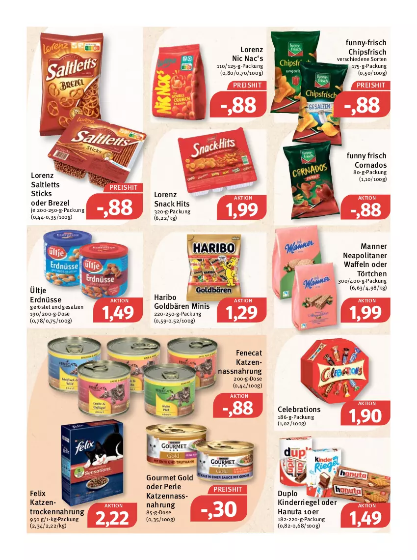 Aktueller Prospekt Feneberg - Prospekte - von 24.02 bis 26.02.2022 - strona 18 - produkty: brezel, chips, chipsfrisch, duplo, eis, erdnüsse, felix, Funny Frisch, funny-frisch, goldbären, gourmet gold, hanuta, haribo, Kinder, lorenz, Manner, Nassnahrung, reis, riegel, saltletts, salz, snack, snack hits, Ti, Törtchen, Trockennahrung, ültje, ültje erdnüsse, waffeln