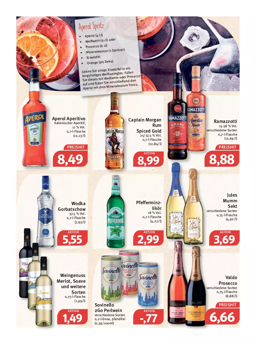 Aktueller Prospekt Feneberg - Prospekte - von 24.02 bis 26.02.2022 - strona 20 - produkty: Alwa, aperitif, aperol, Cap, captain morgan, ecco, eis, eiswürfel, flasche, Gorbatschow, jules mumm, likör, merl, merlot, mineralwasser, mumm, nuss, orange, pfeffer, pfefferminzlikör, prosecco, rama, ramazzott, ramazzotti, reis, rum, sekt, Ti, valdo, wasser, wein, Weißwein, wodka, würfel, zott