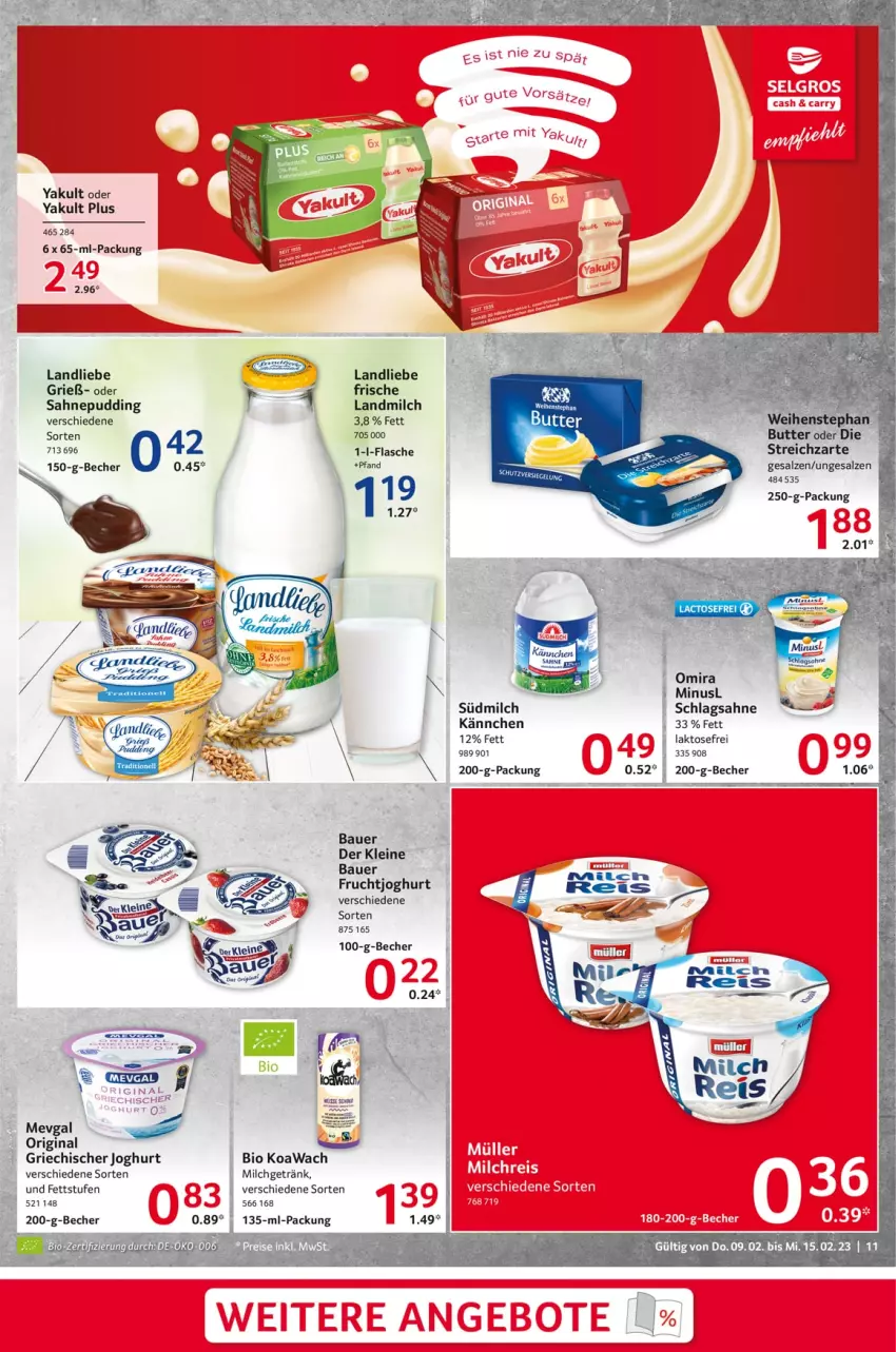 Aktueller Prospekt Selgros - Food - von 09.02 bis 15.02.2023 - strona 11 - produkty: auer, Bau, Bauer, Becher, bio, butter, flasche, frucht, fruchtjoghurt, getränk, gin, Griechischer Joghurt, joghur, joghurt, landliebe, landmilch, leine, milch, pudding, sahne, salz, schlagsahne, Streichzart, Ti