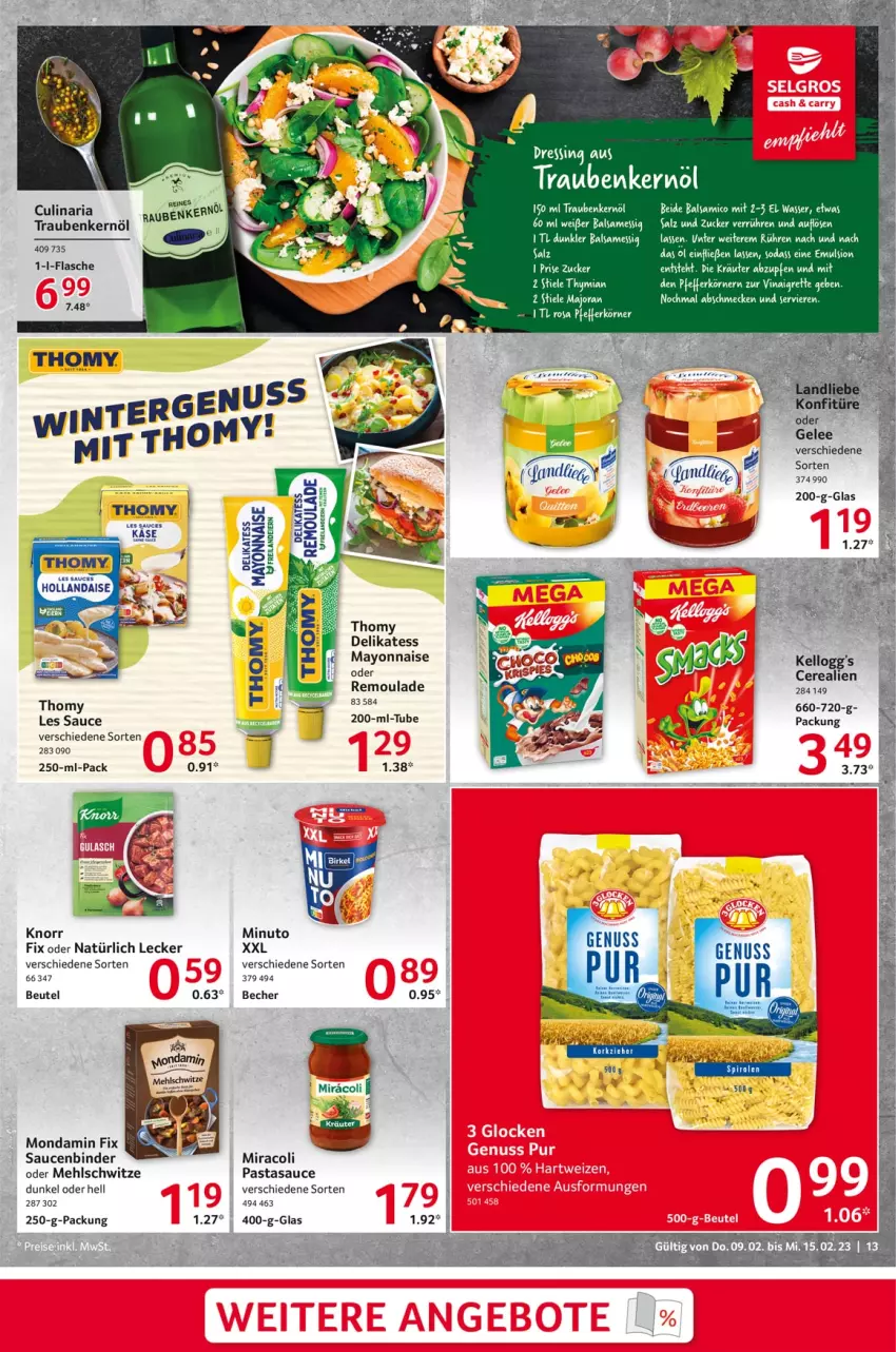 Aktueller Prospekt Selgros - Food - von 09.02 bis 15.02.2023 - strona 13 - produkty: balsam, balsamico, Becher, beutel, cerealien, culinaria, dressing, flasche, hollandaise, Käse, knorr, kräuter, mayonnaise, mehl, miracoli, mondamin, pasta, remoulade, Ria, salz, sauce, saucen, Soda, thomy, Ti, trauben, Vase, wasser, Yo, zucker