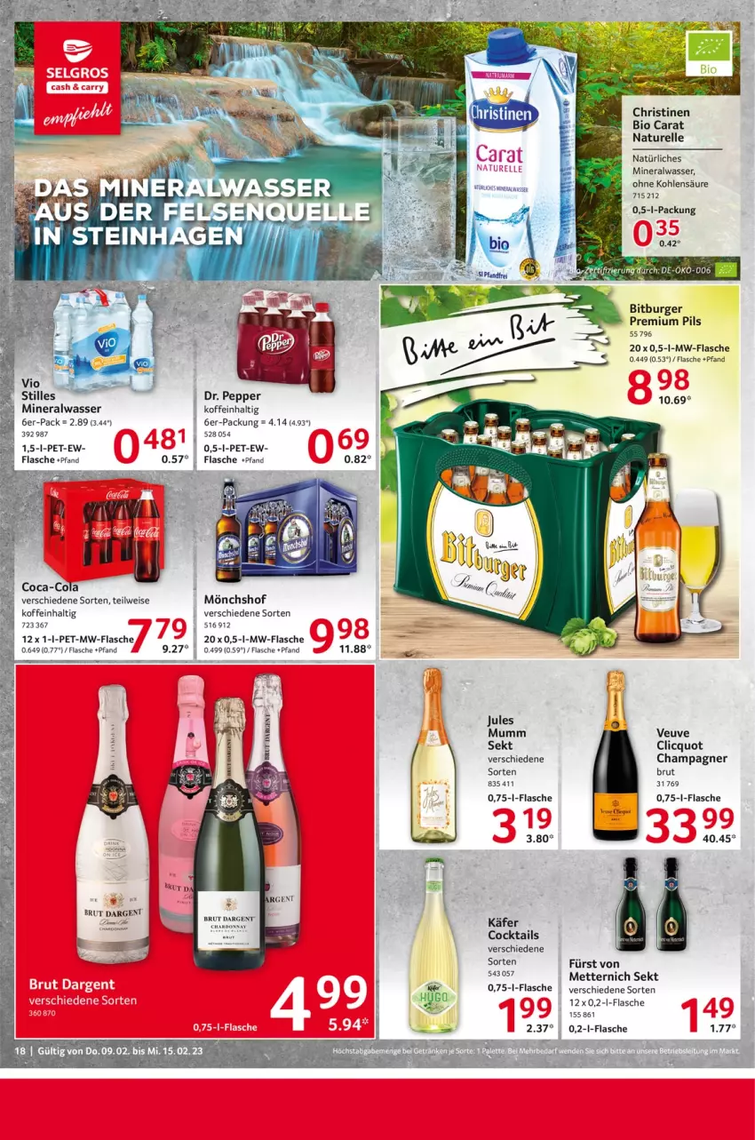 Aktueller Prospekt Selgros - Food - von 09.02 bis 15.02.2023 - strona 18 - produkty: Alwa, bio, bitburger, brut, brut dargent, burger, champagne, champagner, coca-cola, cocktail, cocktails, cola, eis, elle, flasche, käfer, Mett, metternich, mineralwasser, mönchshof, mumm, mw-flasche, natur, natürliches mineralwasser, pils, premium pils, rel, sekt, Ti, wasser