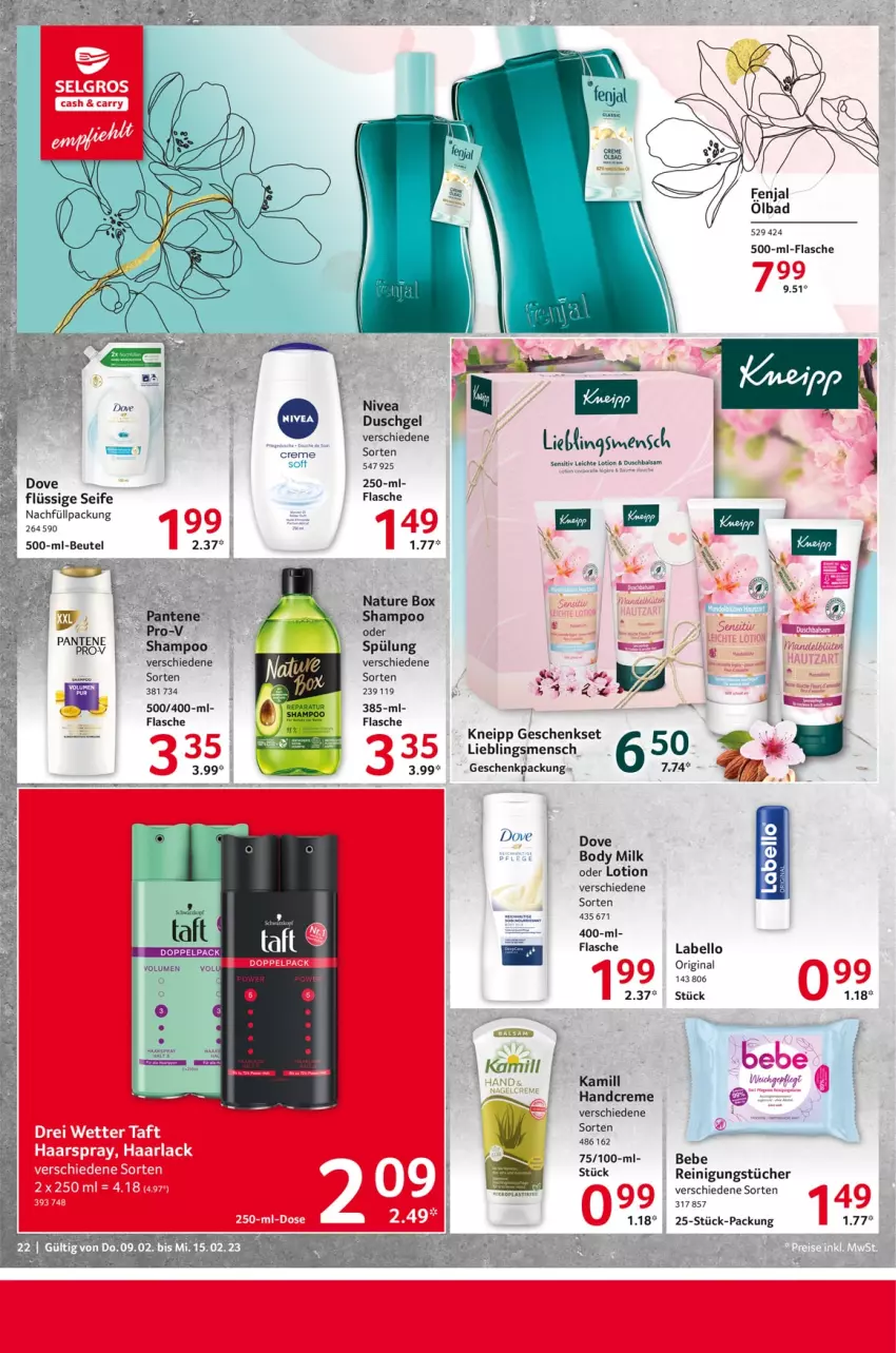 Aktueller Prospekt Selgros - Food - von 09.02 bis 15.02.2023 - strona 22 - produkty: Bad, balsam, Bebe, body, body milk, creme, dove, duschgel, flasche, geschenkpackung, geschenkset, gin, handcreme, Kamill, kneipp, Labello, Lotion, natur, nature box, nivea, Reinigung, reinigungstücher, Seife, shampoo, shampoo oder spülung, spülung, Ti, tücher