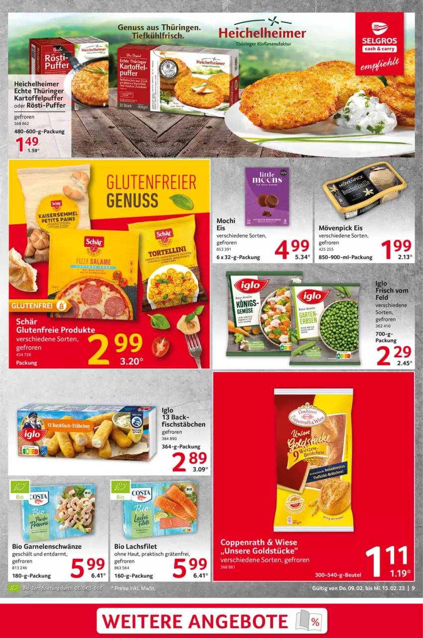 Aktueller Prospekt Selgros - Food - von 09.02 bis 15.02.2023 - strona 9 - produkty: bio, eimer, eis, filet, fisch, fischstäbchen, garnelen, iglo, Kaiser, kartoffel, kartoffelpuffer, lachs, lachsfilet, Mochi, mövenpick, mövenpick eis, nuss, ring, Semmel, Ti, tisch