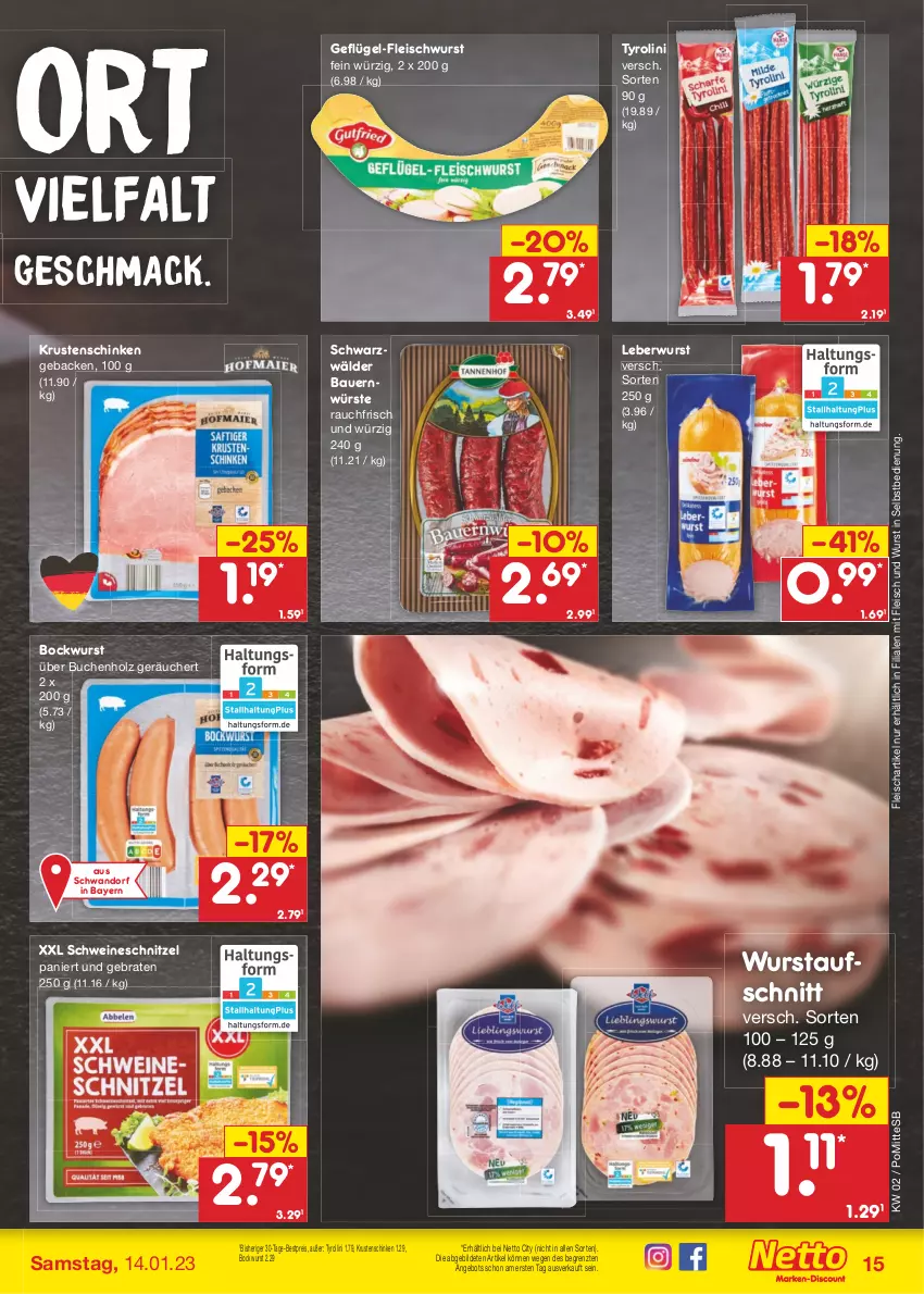 Aktueller Prospekt Netto Marken-Discount - Filial-Angebote - von 09.01 bis 14.01.2023 - strona 15 - produkty: angebot, auer, aufschnitt, Bau, Bauer, bestpreis, bockwurst, braten, buch, eis, fleisch, fleischwurst, geback, Geflügel, Geflügel-Fleischwurst, Holz, Krustenschinken, leberwurst, mac, Rauch, reis, schinken, schnitzel, schwein, schweine, schweineschnitzel, Ti, wein, weine, wurst, wurst in selbstbedienung, ZTE