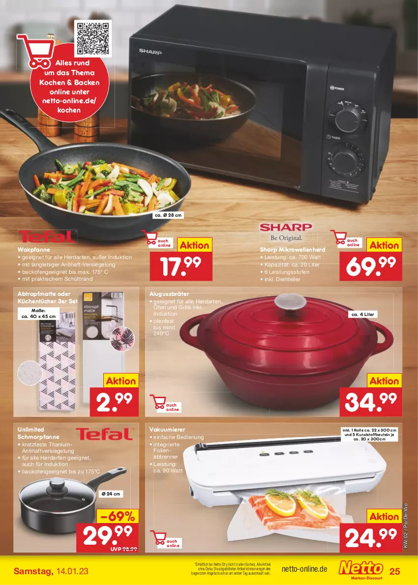 Aktueller Prospekt Netto Marken-Discount - Filial-Angebote - von 09.01 bis 14.01.2023 - strona 25 - produkty: angebot, backofen, beutel, eis, elle, grill, herdarten, küche, Küchen, küchentücher, mikrowelle, Ofen, pfanne, schmorpfanne, Sharp, teller, Ti, tisch, tücher, Vakuumierer, wok, ZTE