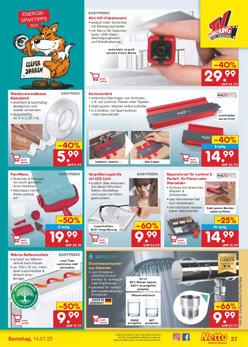 Aktueller Prospekt Netto Marken-Discount - Filial-Angebote - von 09.01 bis 14.01.2023 - strona 27 - produkty: angebot, armatur, armaturen, Bau, Beba, brause, Brille, dell, deo, edelstahl, kamera, laminat, led-licht, mac, mikrofaser, Mode, Rauch, ring, rwe, schlauch, spartipp, speicherkarte, Tapete, Tapeten, Ti, tisch, usb, wandhalterung, wasser, ZTE