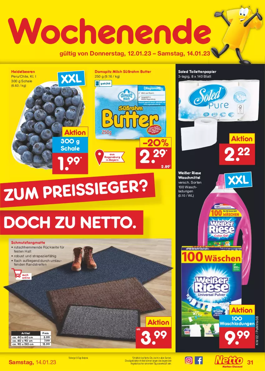 Aktueller Prospekt Netto Marken-Discount - Filial-Angebote - von 09.01 bis 14.01.2023 - strona 31 - produkty: angebot, beere, beeren, bestpreis, butter, eis, heidelbeere, heidelbeeren, Laufen, Liege, milch, papier, reifen, reis, Schal, Schale, schmutzfangmatte, Ti, toilettenpapier, waschmittel, ZTE