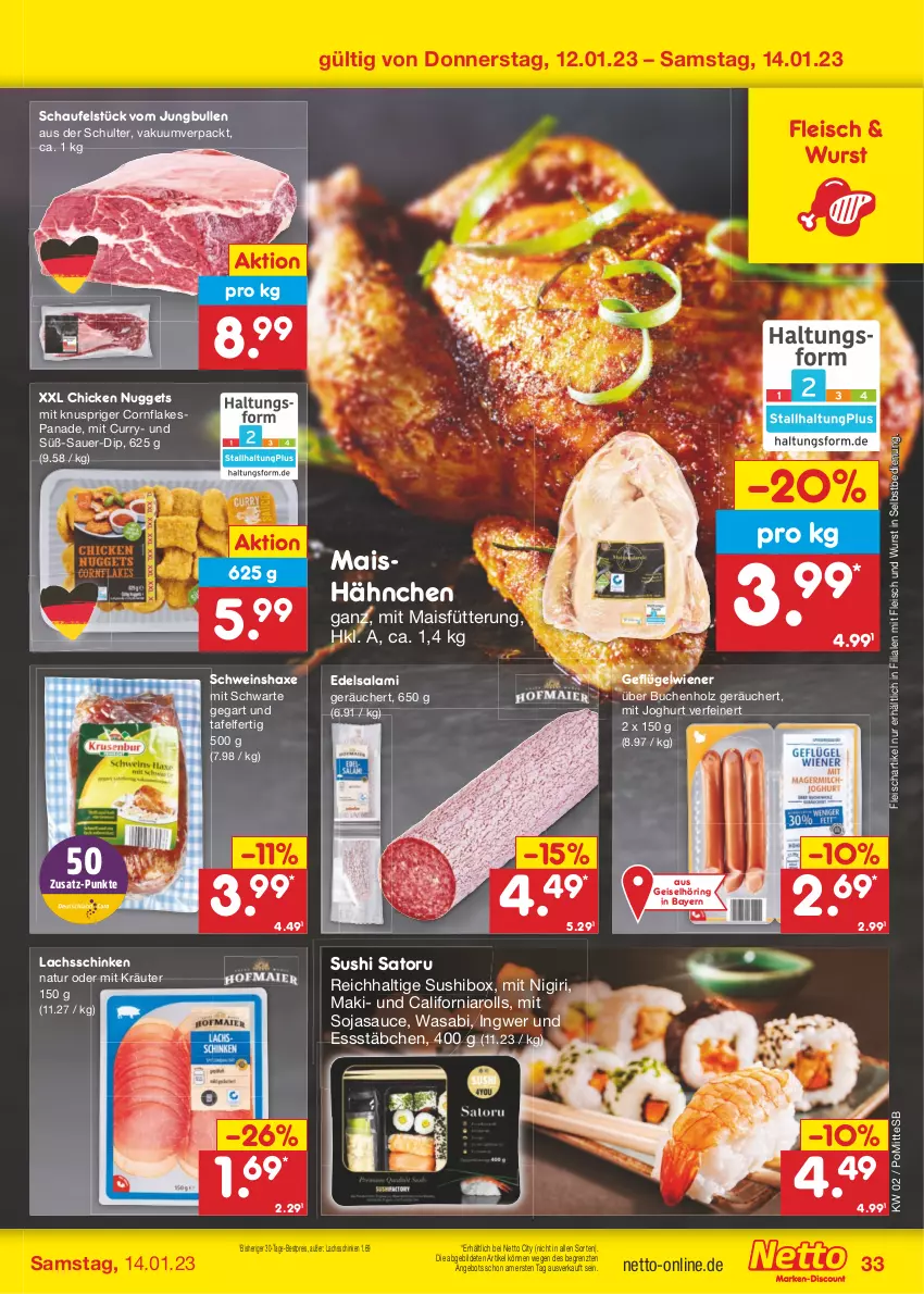 Aktueller Prospekt Netto Marken-Discount - Filial-Angebote - von 09.01 bis 14.01.2023 - strona 33 - produkty: angebot, auer, axe, bestpreis, buch, chicken nuggets, curry, dip, Edelsalami, eis, flakes, fleisch, Geflügel, Haxe, Holz, ingwer, joghur, joghurt, jungbullen, kräuter, lachs, lachsschinken, mais, natur, nuggets, reis, ring, salami, sauce, schinken, schwein, soja, sojasauce, Sushi, Ti, wasa, wein, wiener, wurst, wurst in selbstbedienung, ZTE