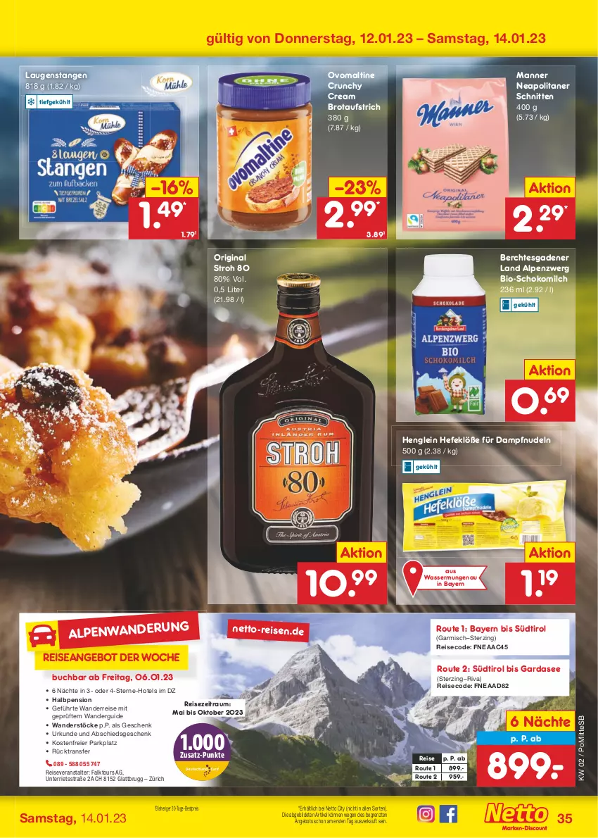 Aktueller Prospekt Netto Marken-Discount - Filial-Angebote - von 09.01 bis 14.01.2023 - strona 35 - produkty: angebot, aufstrich, bestpreis, bio, brot, brotaufstrich, buch, eier, eis, gin, Hefe, henglein, Laugenstange, Manner, milch, nudel, nudeln, ovomaltine, reis, reiseveranstalter, schnitten, schoko, Schokomilch, Ti, wasser, ZTE