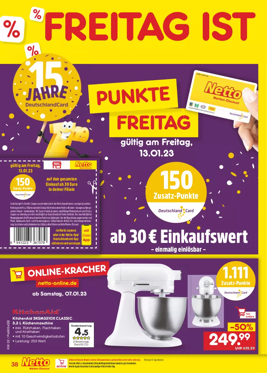 Aktueller Prospekt Netto Marken-Discount - Filial-Angebote - von 09.01 bis 14.01.2023 - strona 38 - produkty: bestpreis, buch, coupon, deutschlandcard, discount, eduscho, eis, erde, guthabenkarte, gutschein, gutscheine, KitchenAid, küche, Küchen, küchenmaschine, marken-discount, milch, ndk, Rauch, reis, Tchibo, Ti